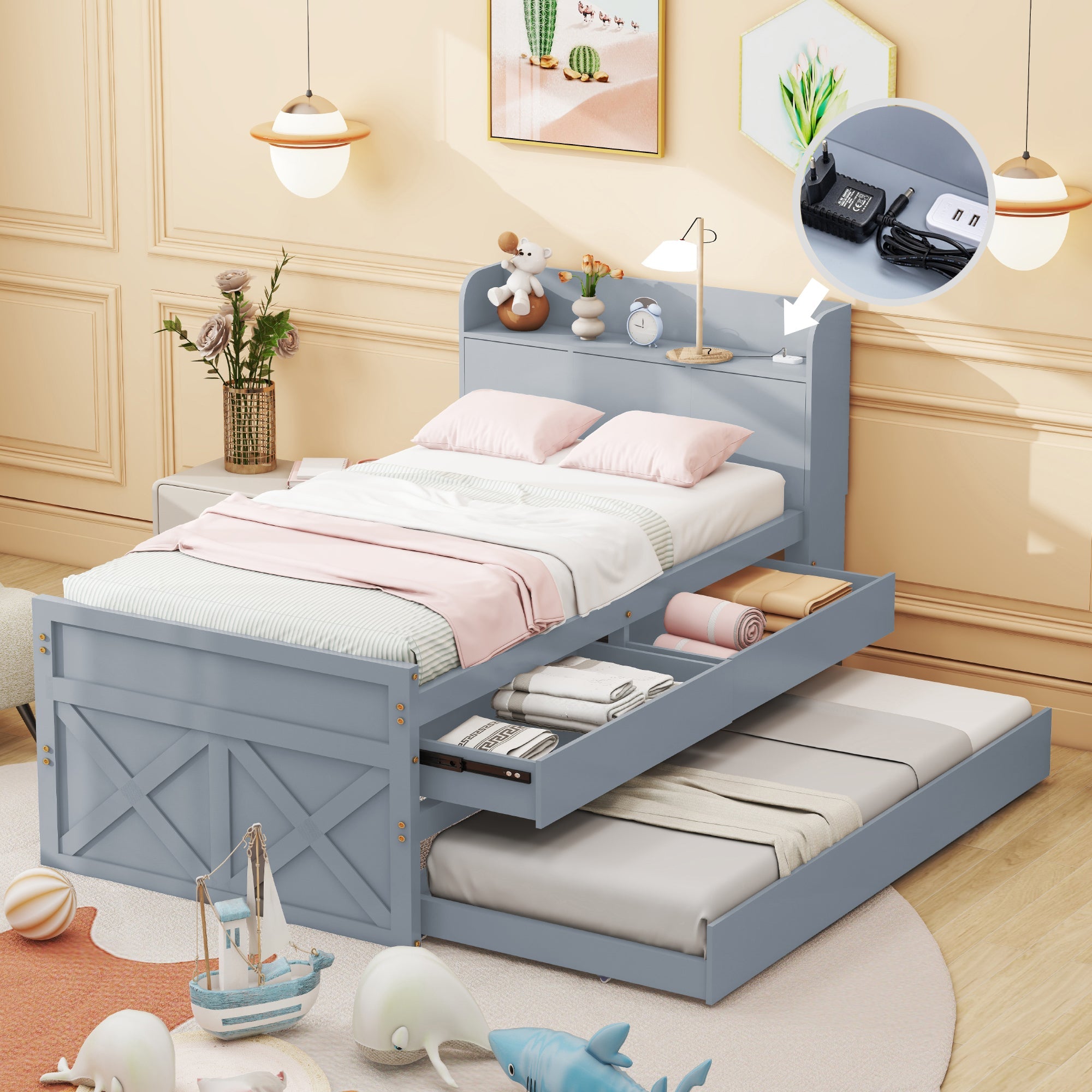 Logidon single bed solid wood gray 90x190 with pull-out drawer