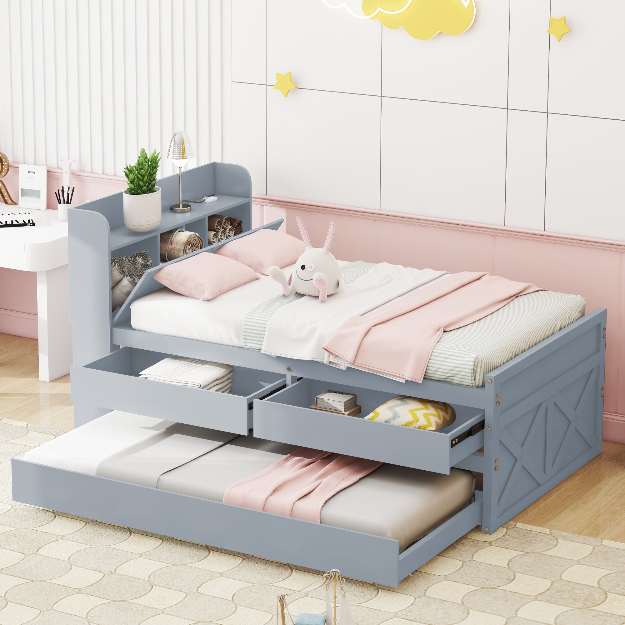 Logidon single bed solid wood gray 90x190 with pull-out drawer