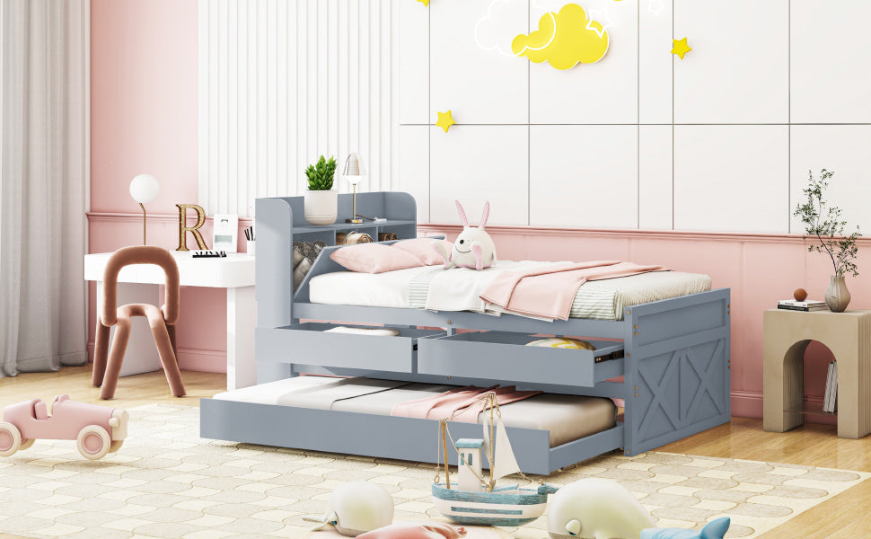 Logidon single bed solid wood gray 90x190 with pull-out drawer