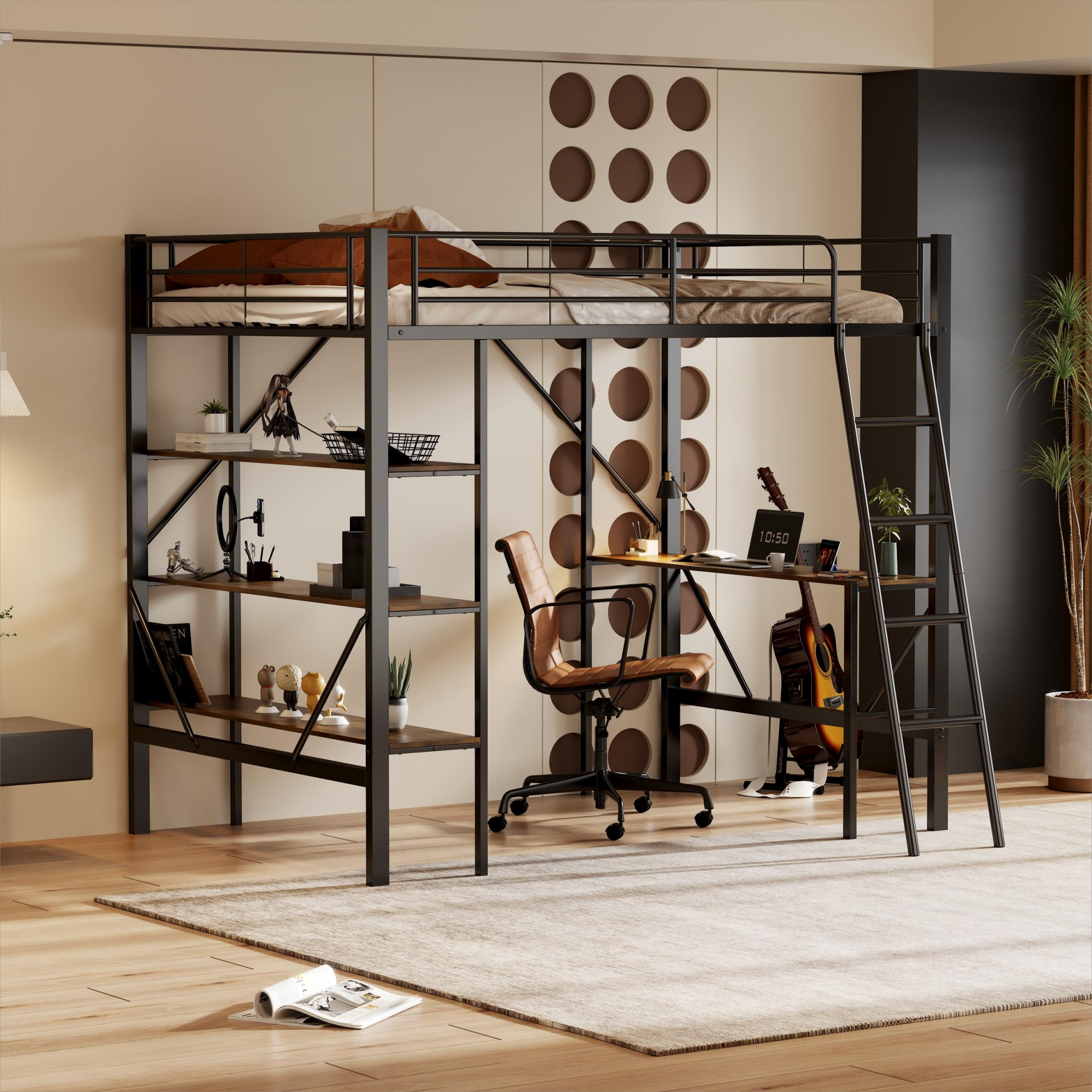 Logidon loft bed with desk 90x200 metal black brown