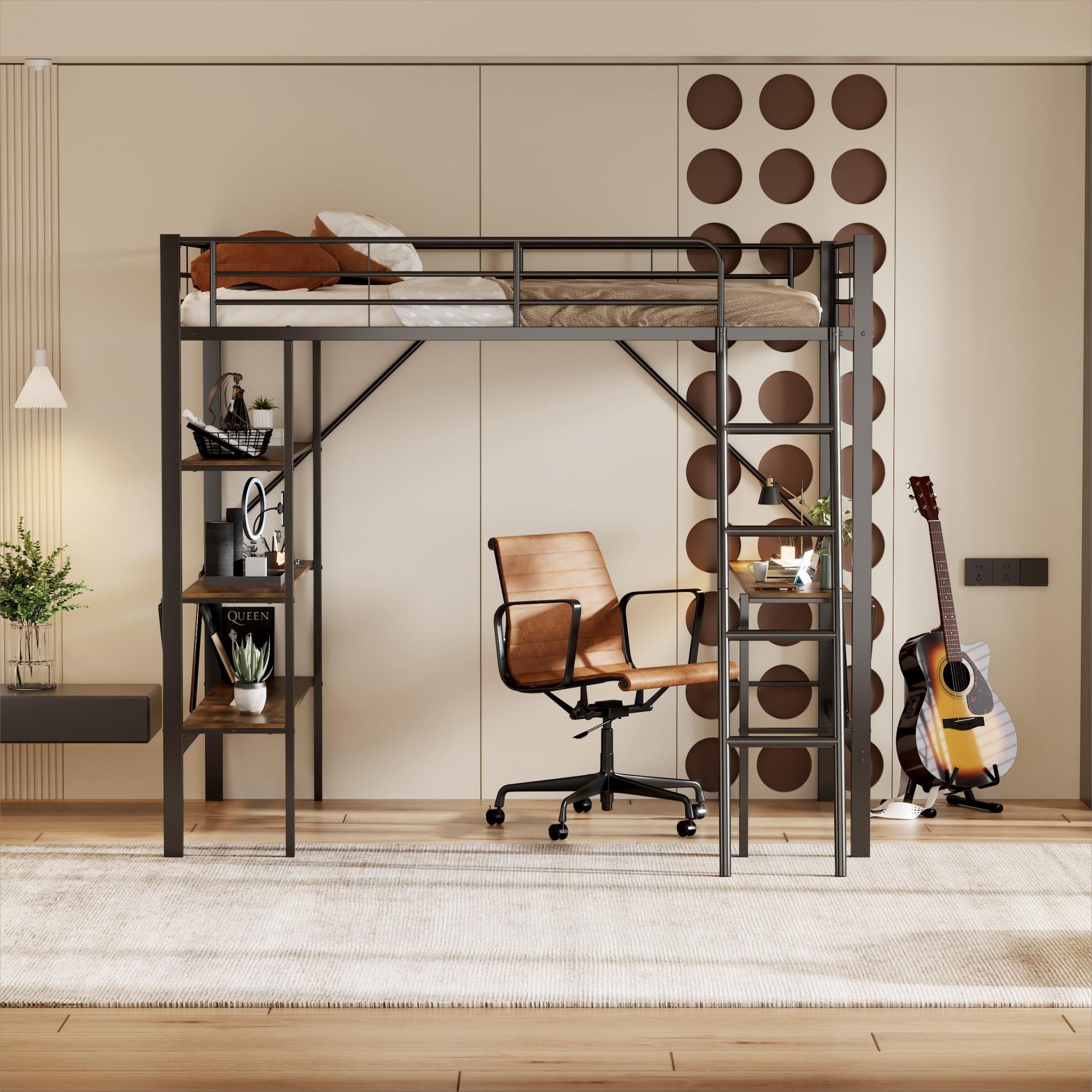 Logidon loft bed with desk 90x200 metal black brown