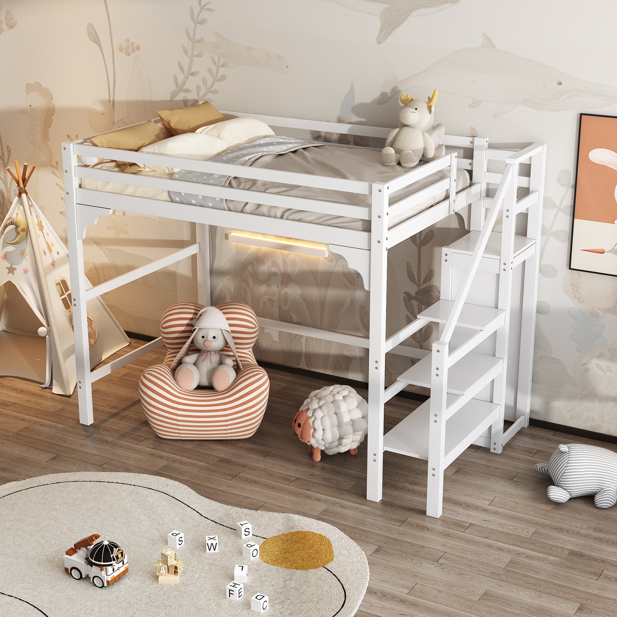 Logidon loft bed 140x200 cm white with slatted frame stairs wardrobe