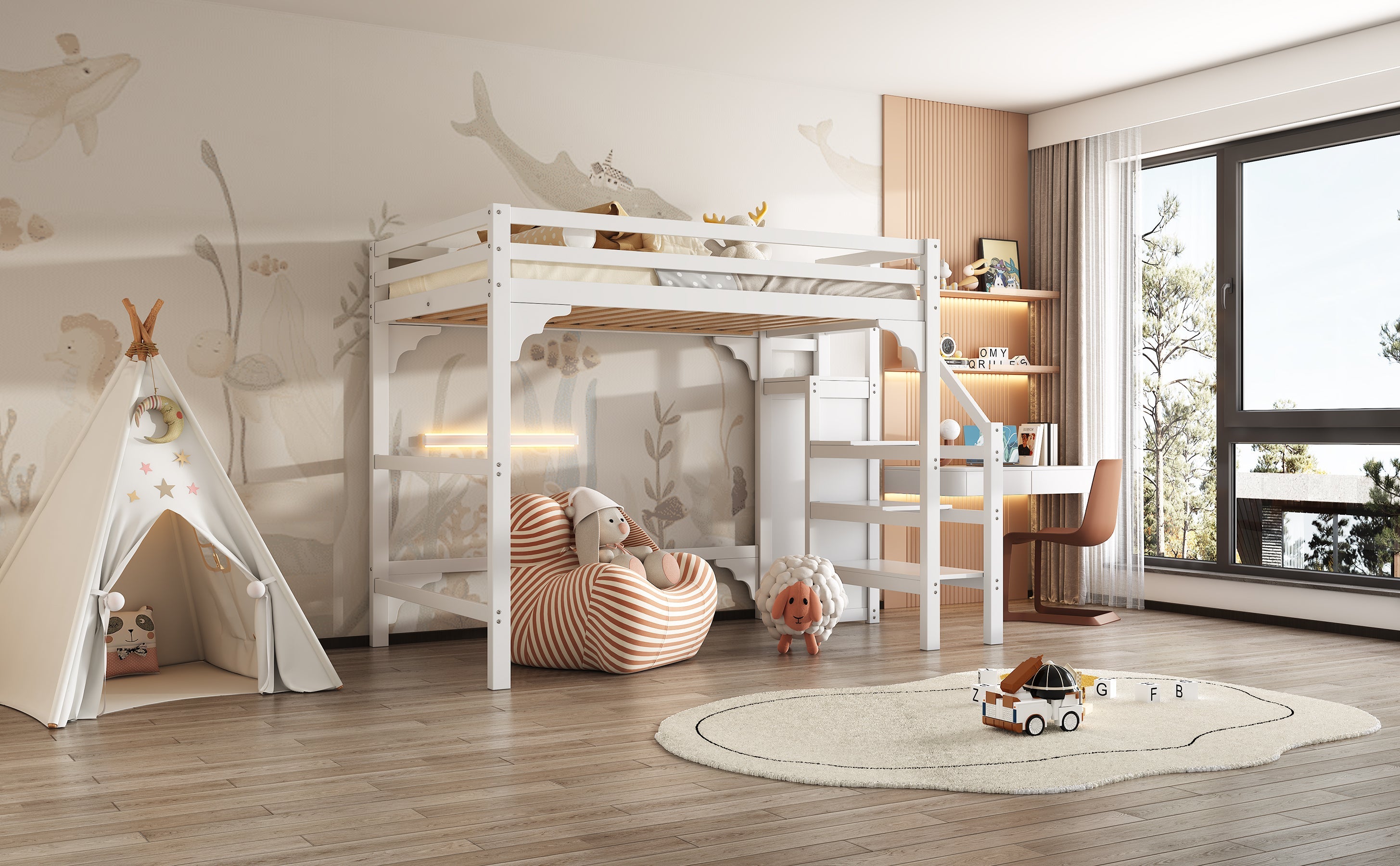 Logidon loft bed 140x200 cm white with slatted frame stairs wardrobe