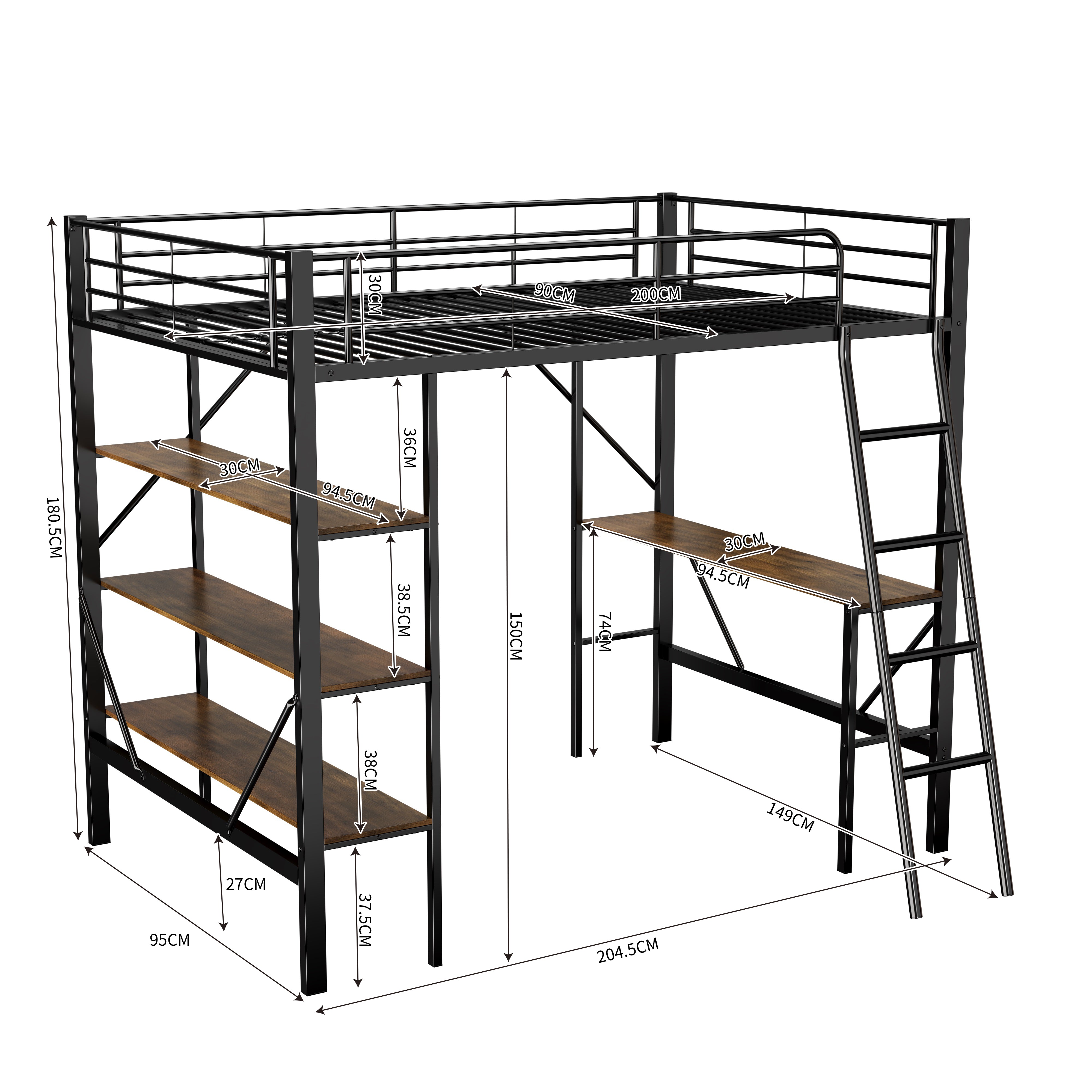 Logidon loft bed with desk 90x200 metal black brown