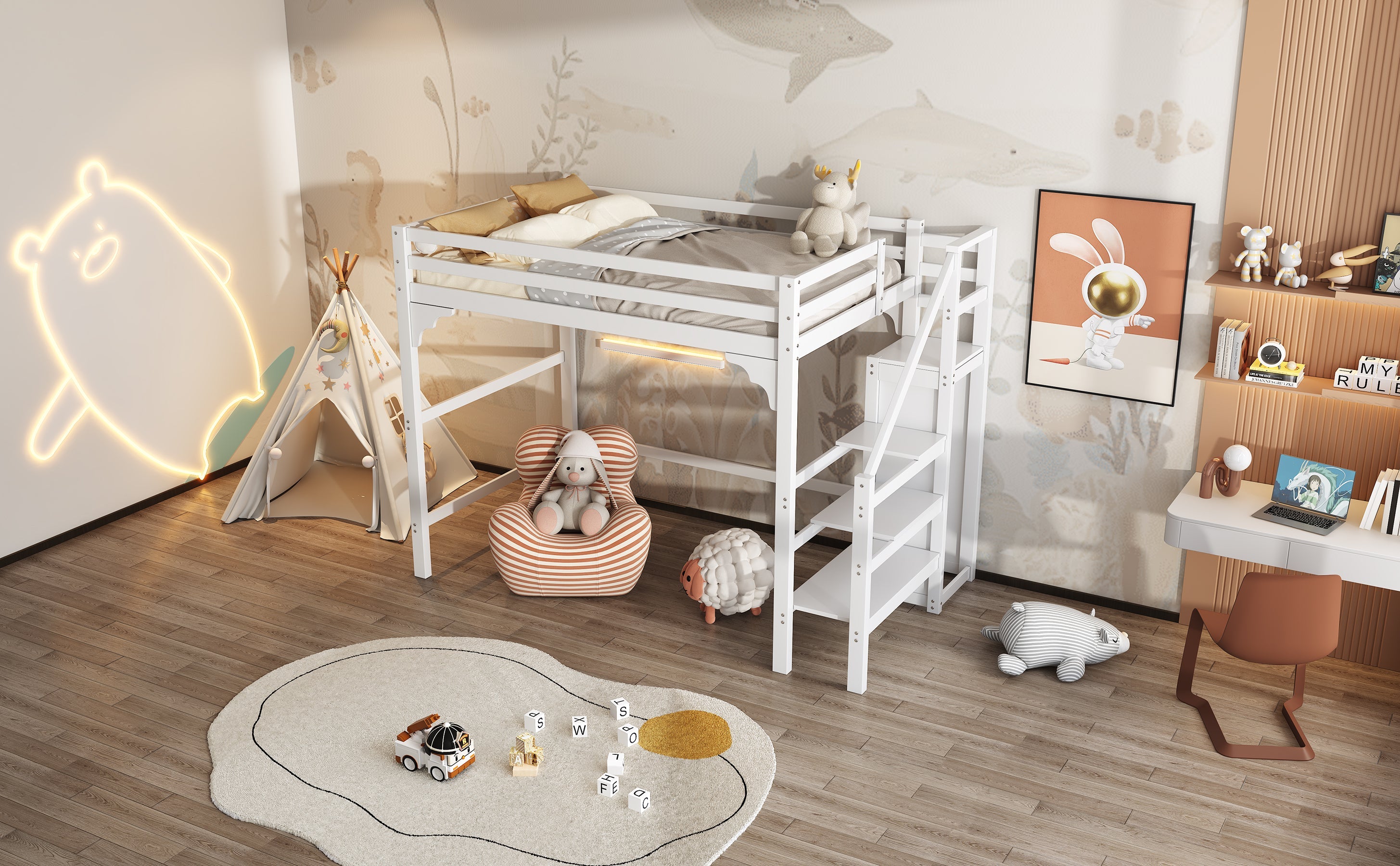 Logidon loft bed 140x200 cm white with slatted frame stairs wardrobe