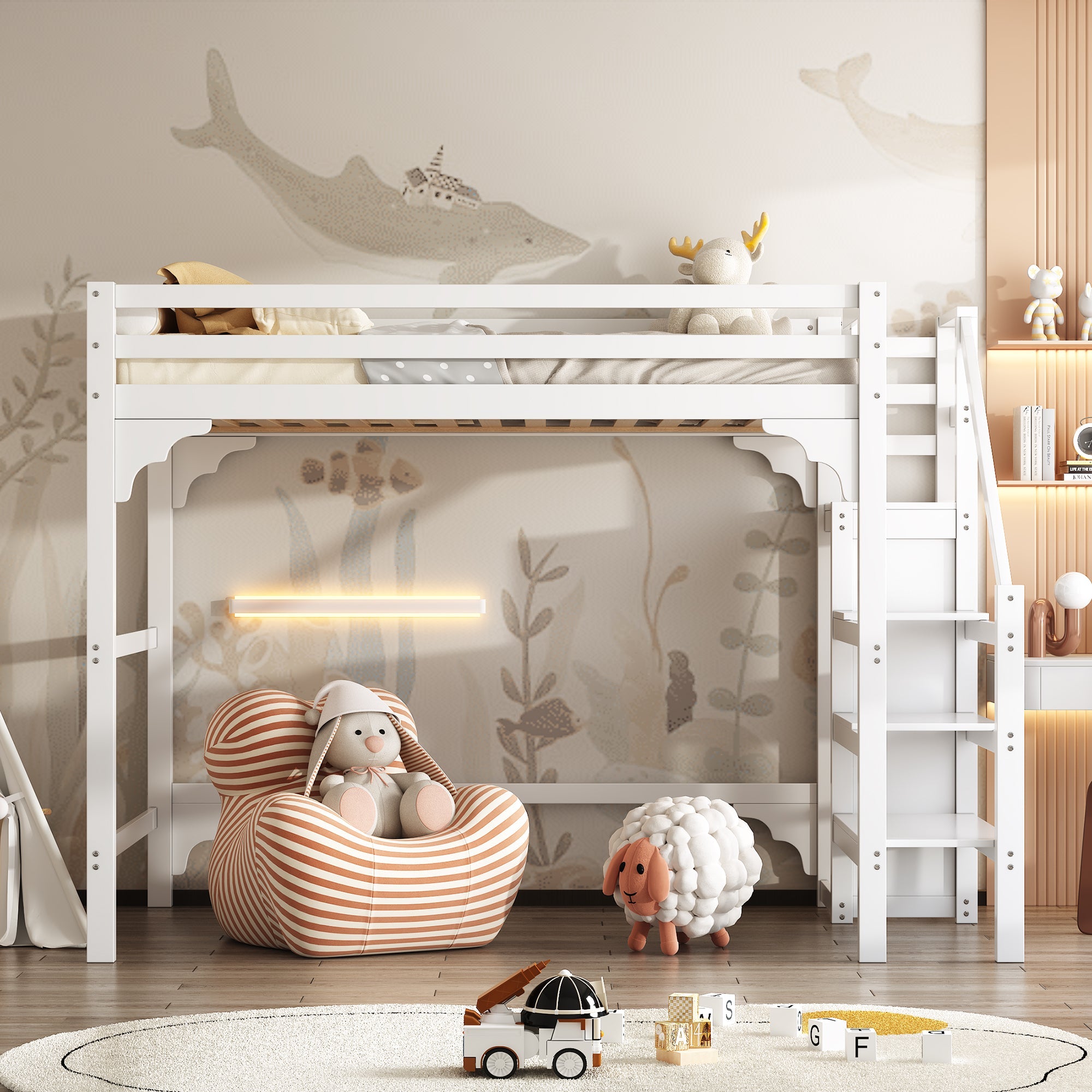 Logidon loft bed 140x200 cm white with slatted frame stairs wardrobe
