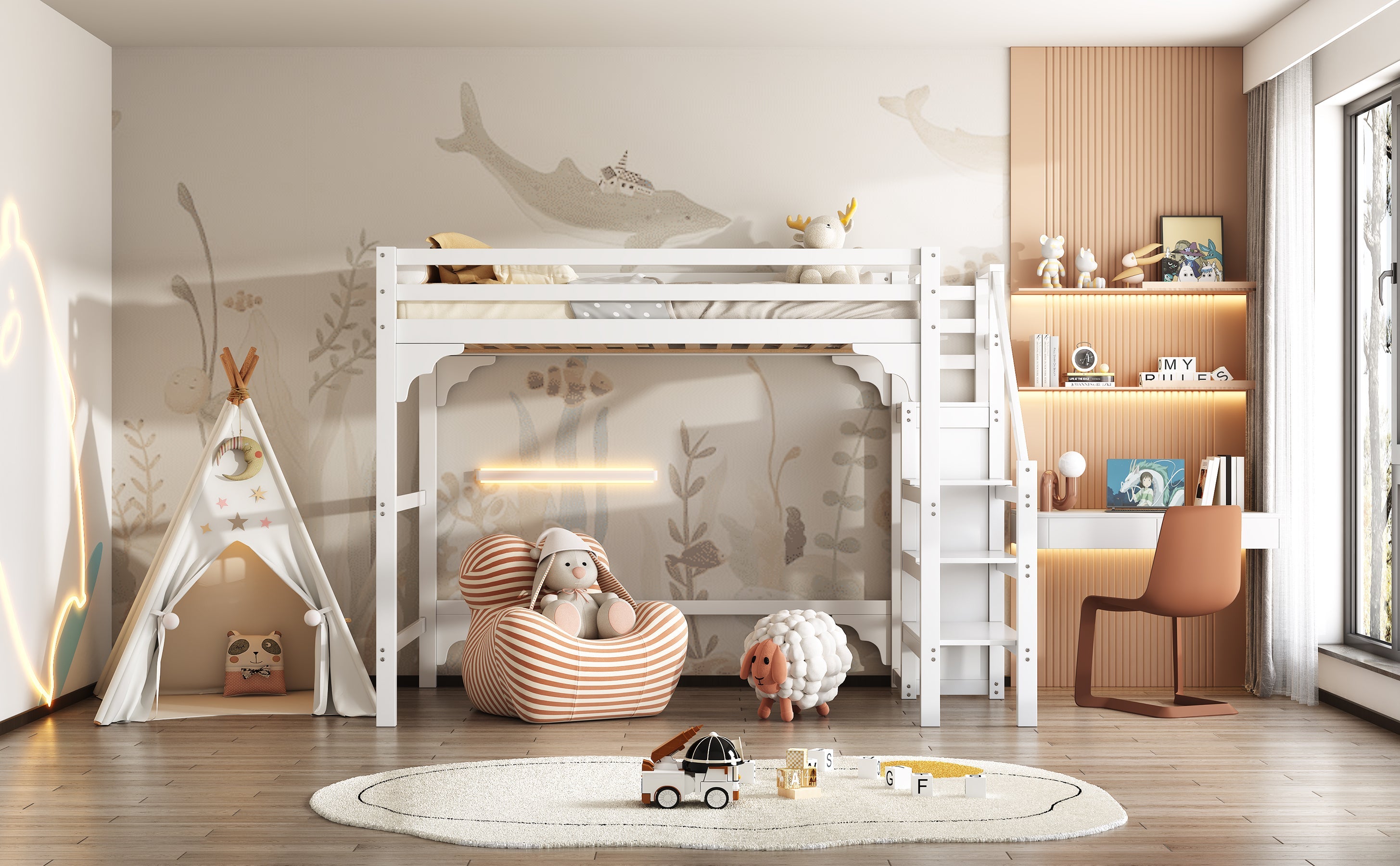 Logidon loft bed 140x200 cm white with slatted frame stairs wardrobe