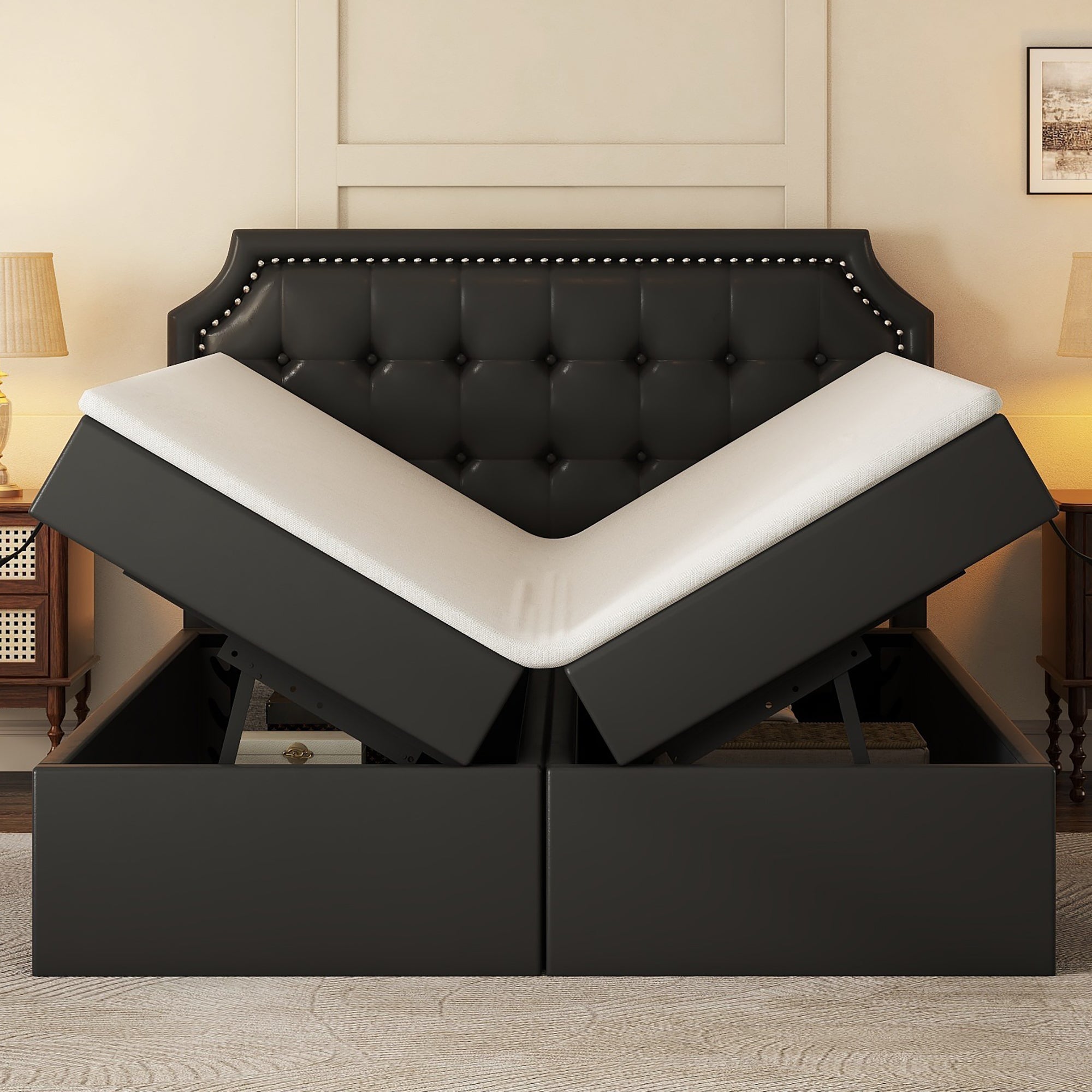 Logidon 140x200 cm gestoffeerd bed zwart met opbergruimte en lattenbodem
