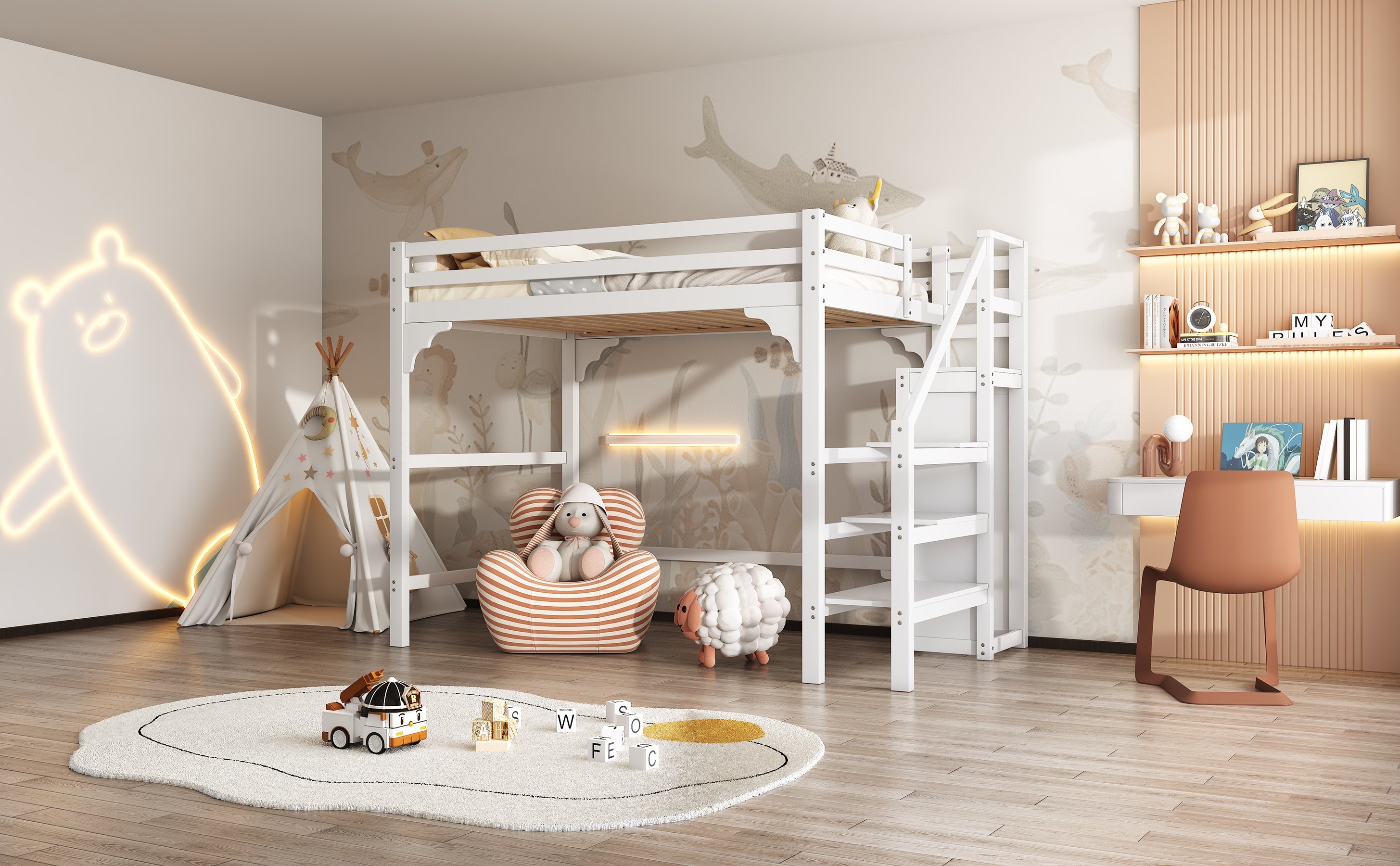 Logidon loft bed 140x200 cm white with slatted frame stairs wardrobe