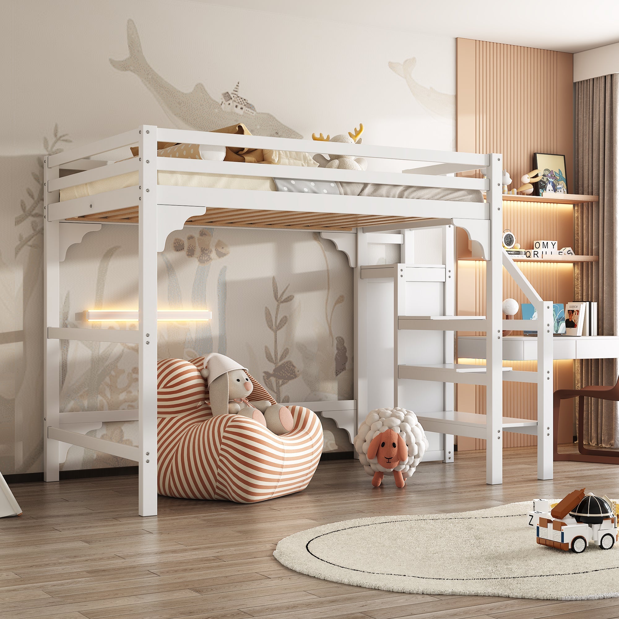 Logidon loft bed 140x200 cm white with slatted frame stairs wardrobe