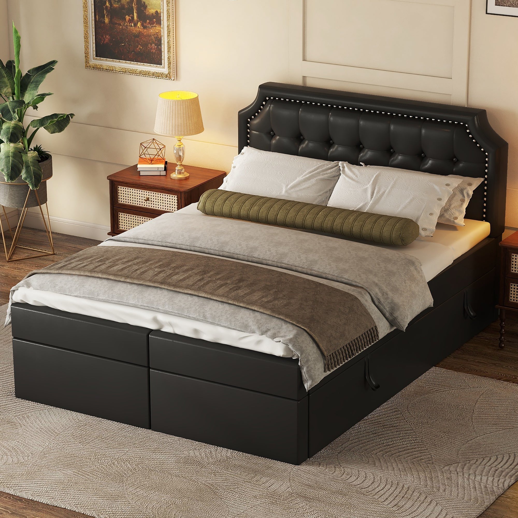 Logidon 140x200 cm gestoffeerd bed zwart met opbergruimte en lattenbodem