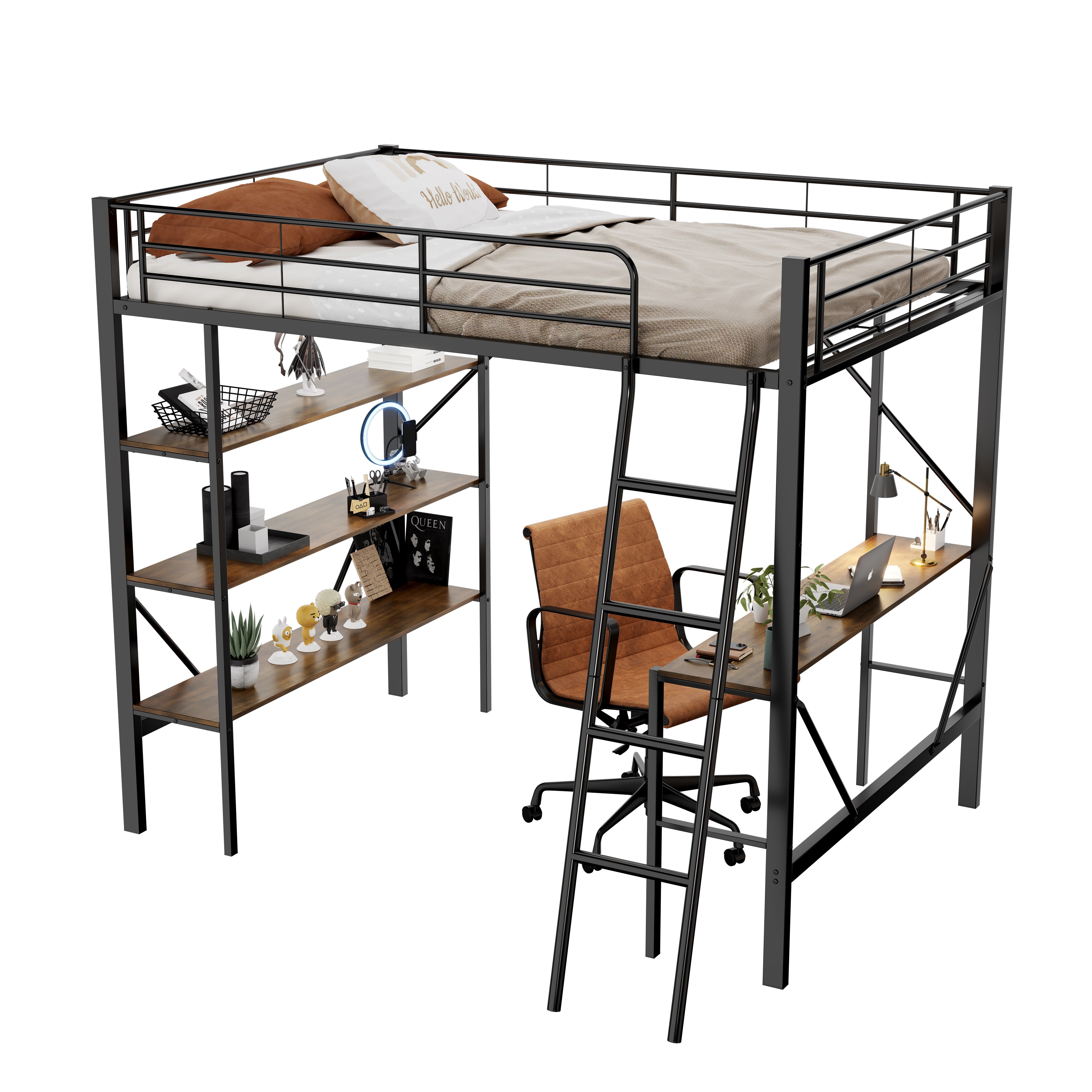 Logidon loft bed with desk 90x200 metal black brown