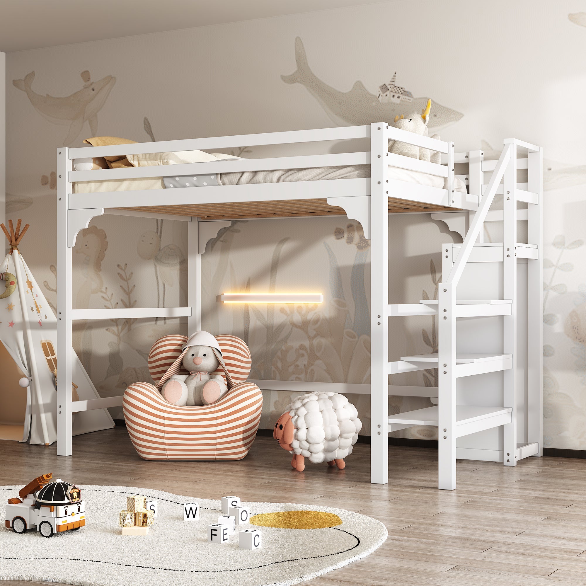 Logidon loft bed 140x200 cm white with slatted frame stairs wardrobe