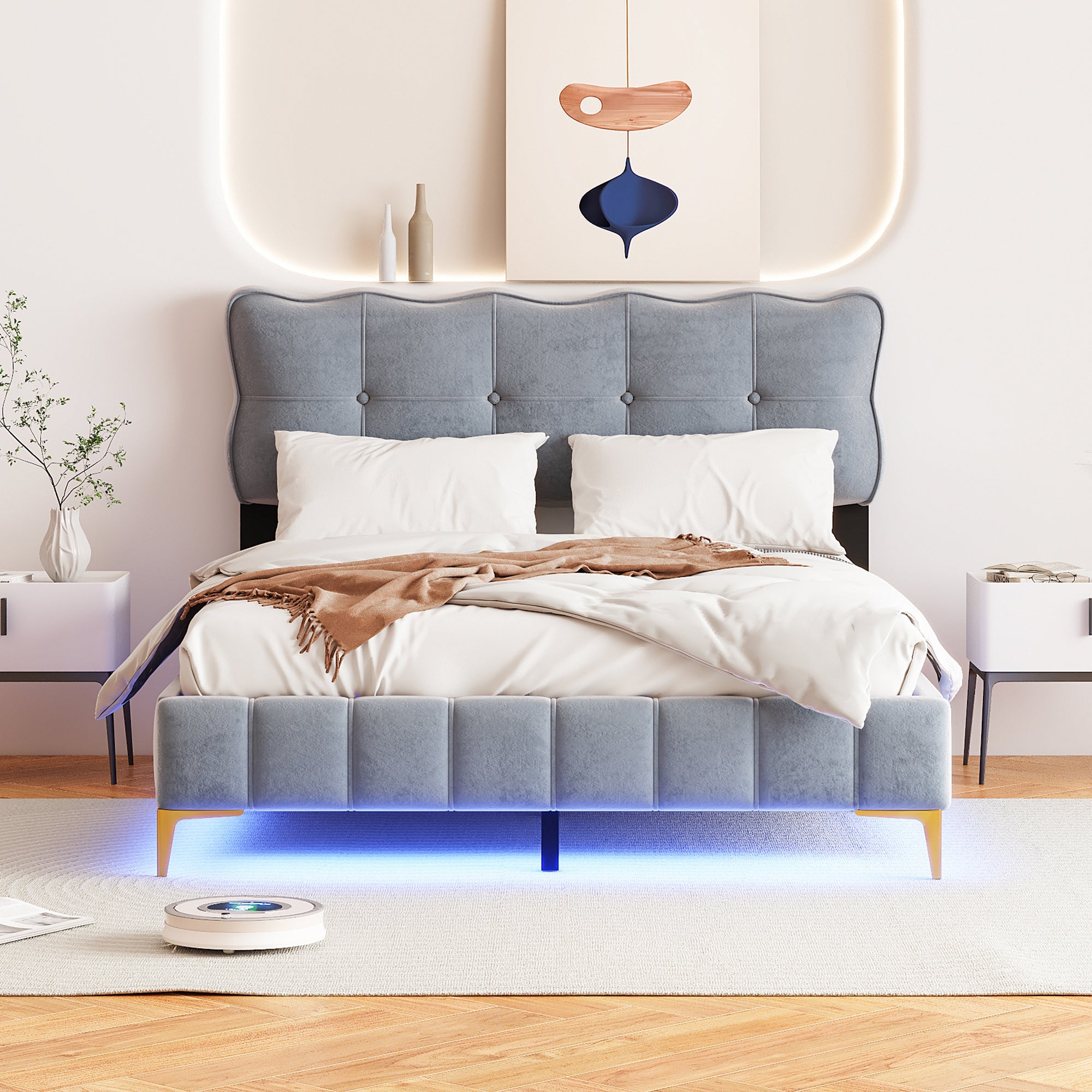 Logidon upholstered bed 140 x 200 cm gray velvet with LED lights
