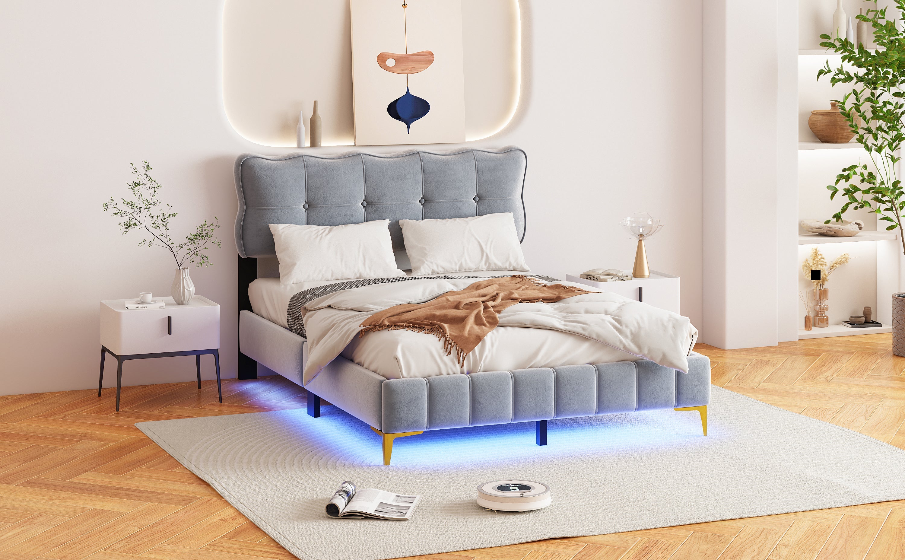 Logidon upholstered bed 140 x 200 cm gray velvet with LED lights