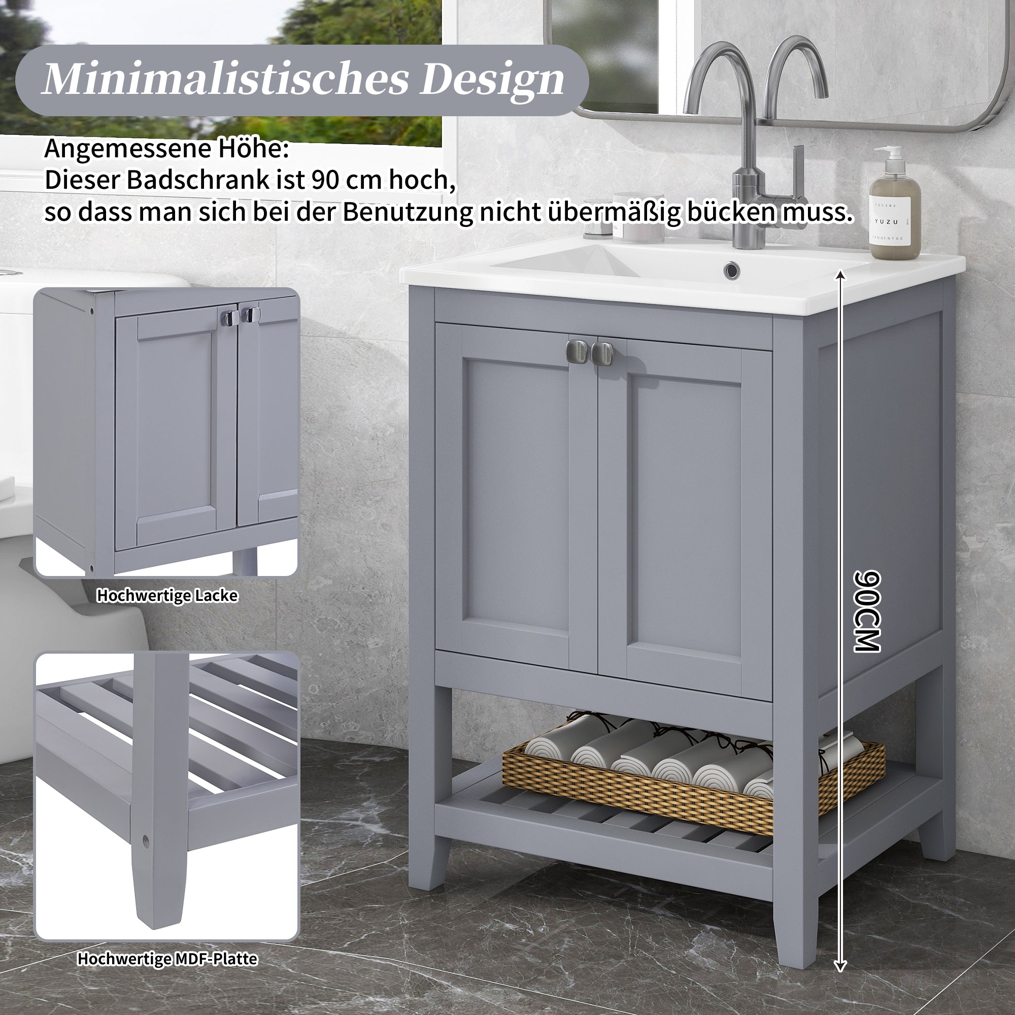 Logidon badkamermeubel 60 cm wastafel met keramische wastafel lichtgrijs