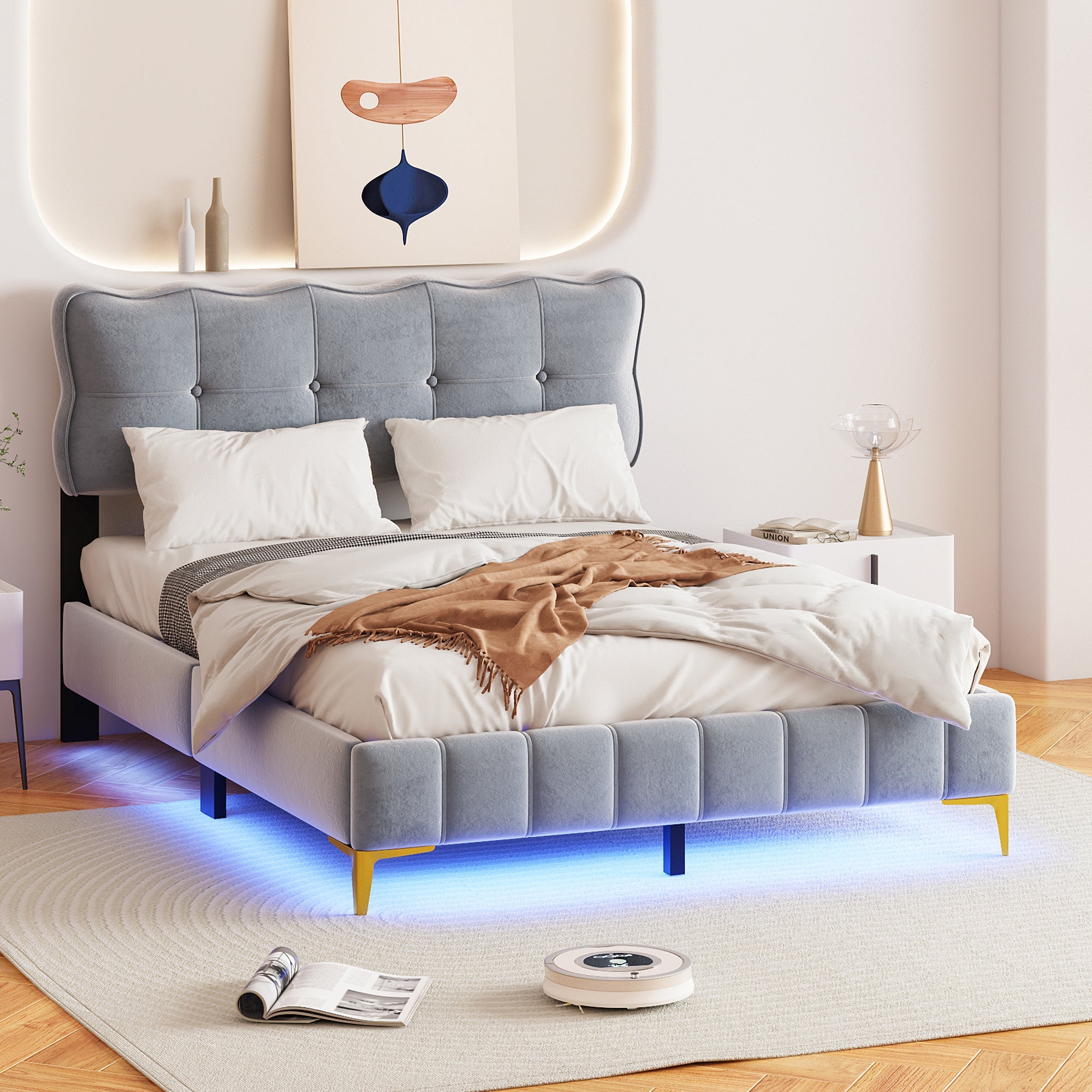 Logidon upholstered bed 140 x 200 cm gray velvet with LED lights