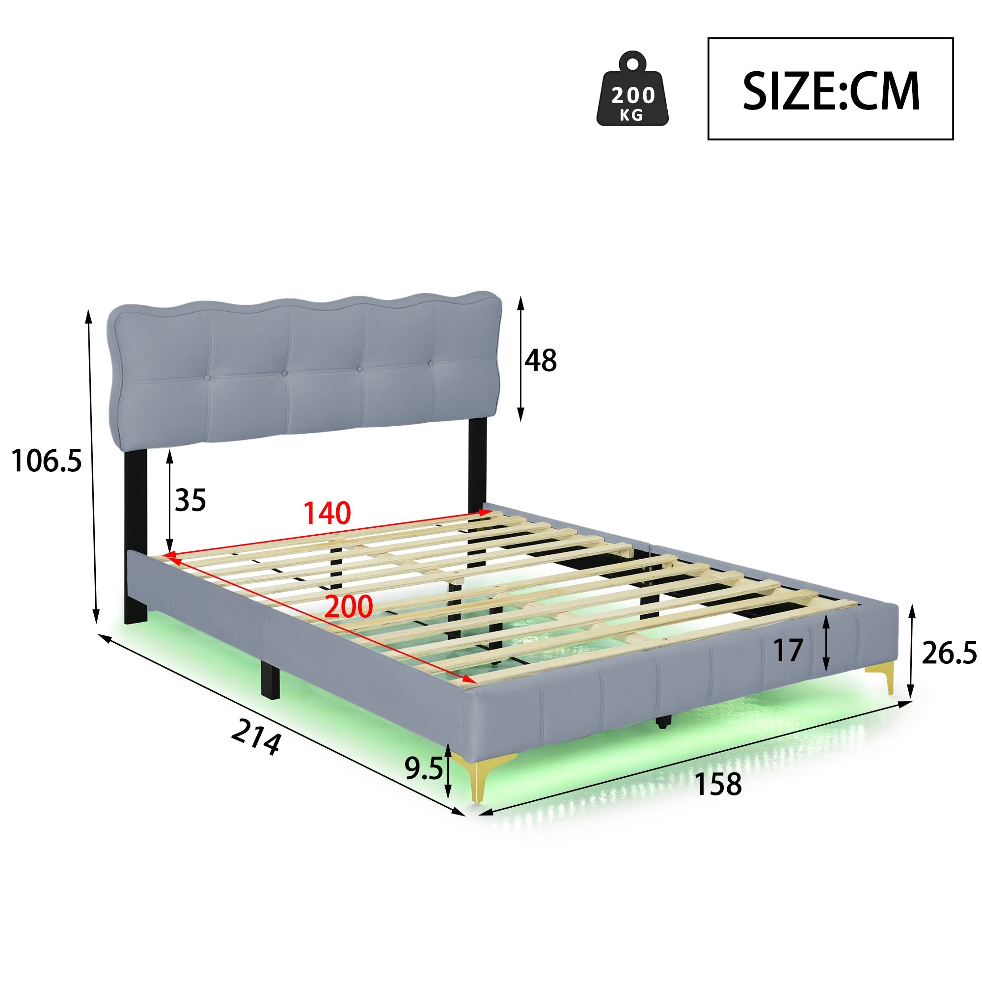 Logidon gestoffeerd bed 140 x 200 cm grijs fluweel met LED-verlichting