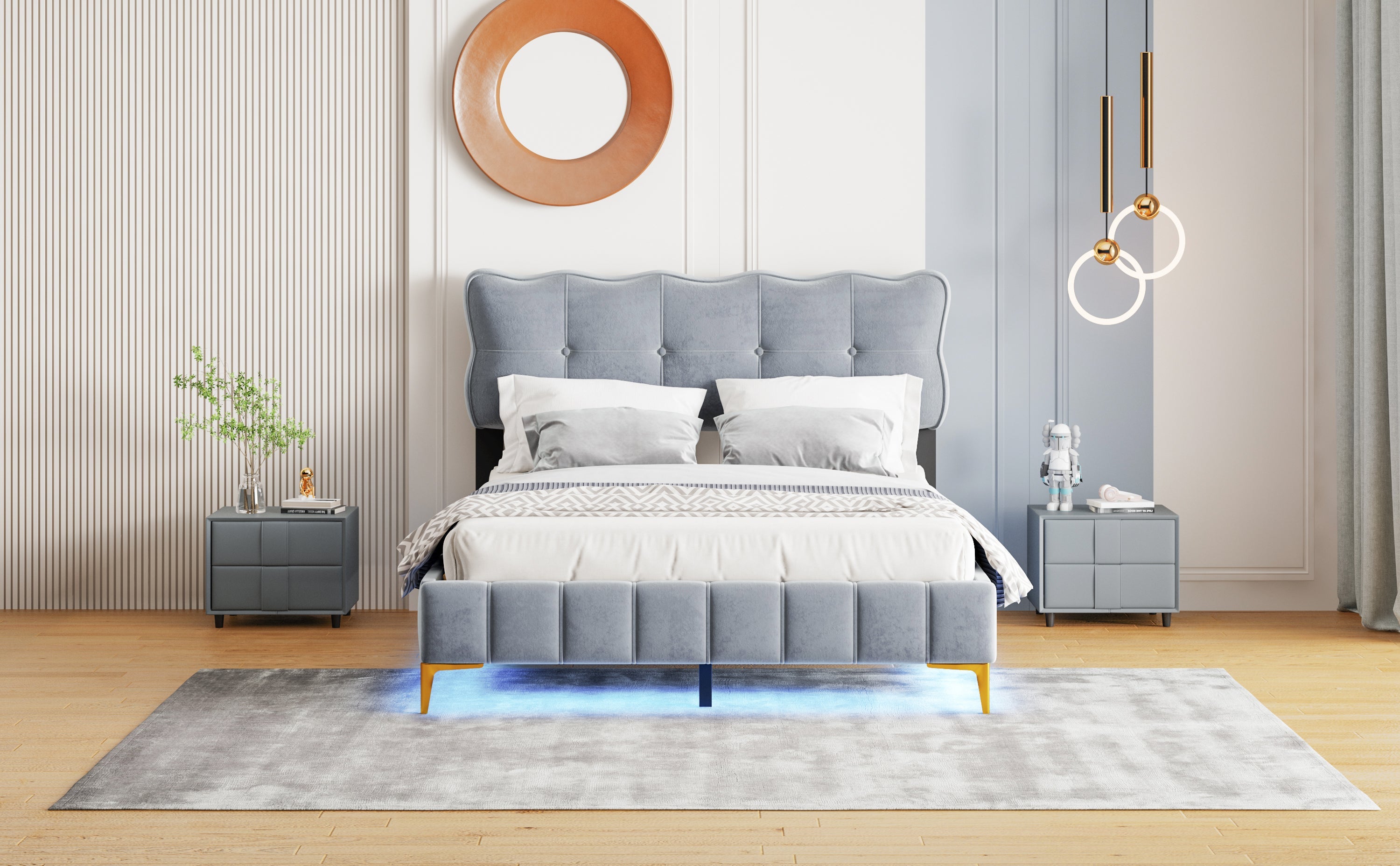 Logidon upholstered bed 140 x 200 cm gray velvet with LED lights