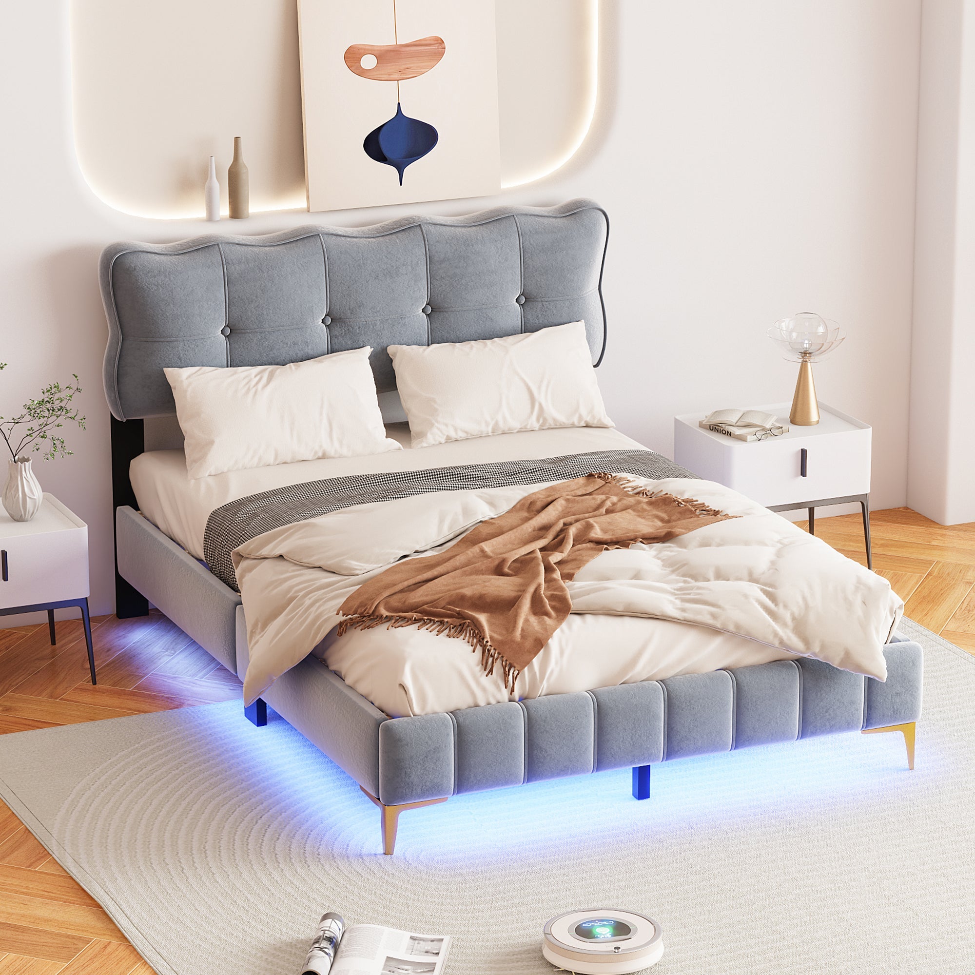 Logidon upholstered bed 140 x 200 cm gray velvet with LED lights