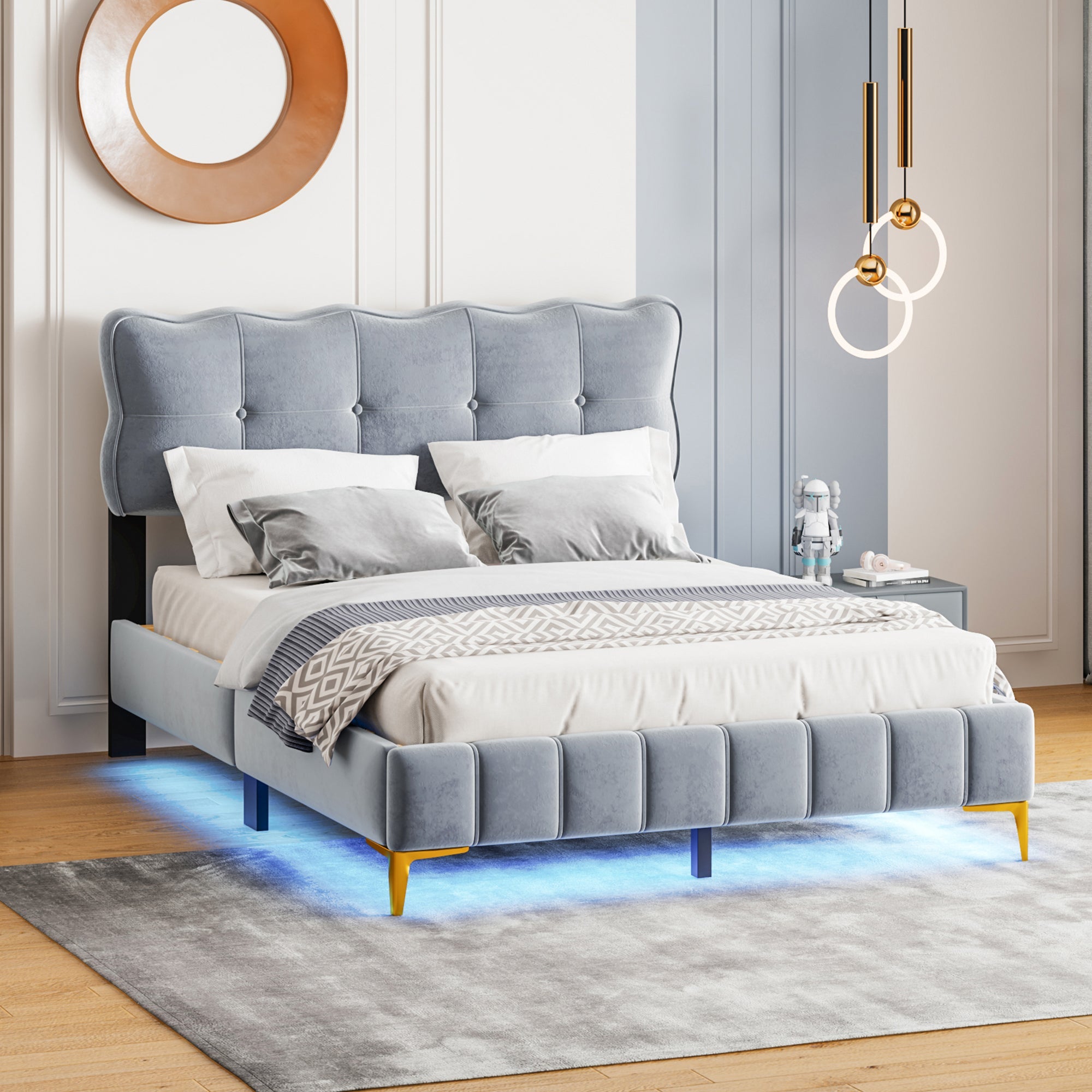 Logidon upholstered bed 140 x 200 cm gray velvet with LED lights