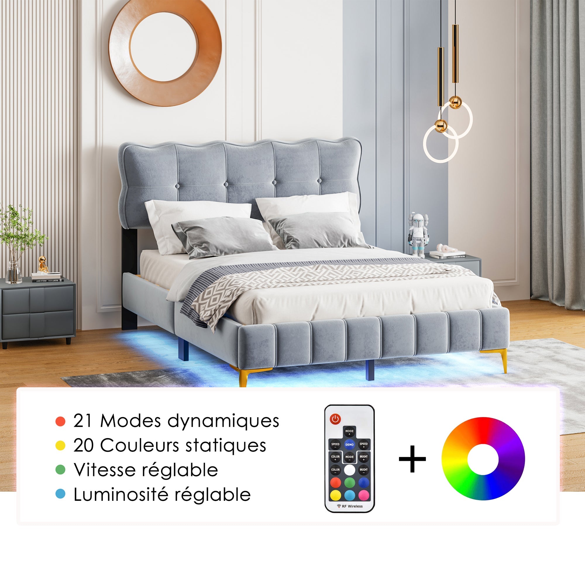 Logidon upholstered bed 140 x 200 cm gray velvet with LED lights