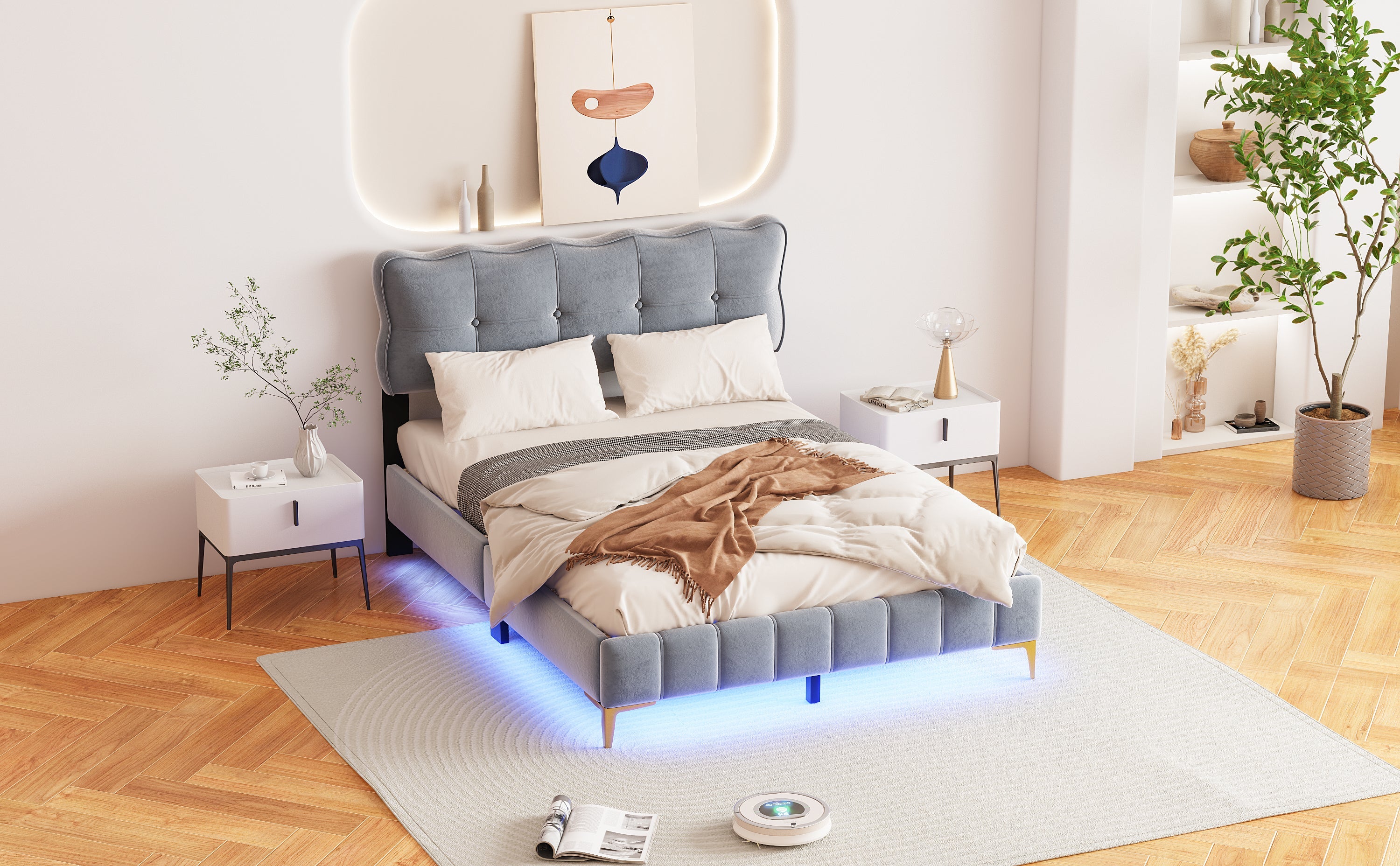 Logidon upholstered bed 140 x 200 cm gray velvet with LED lights