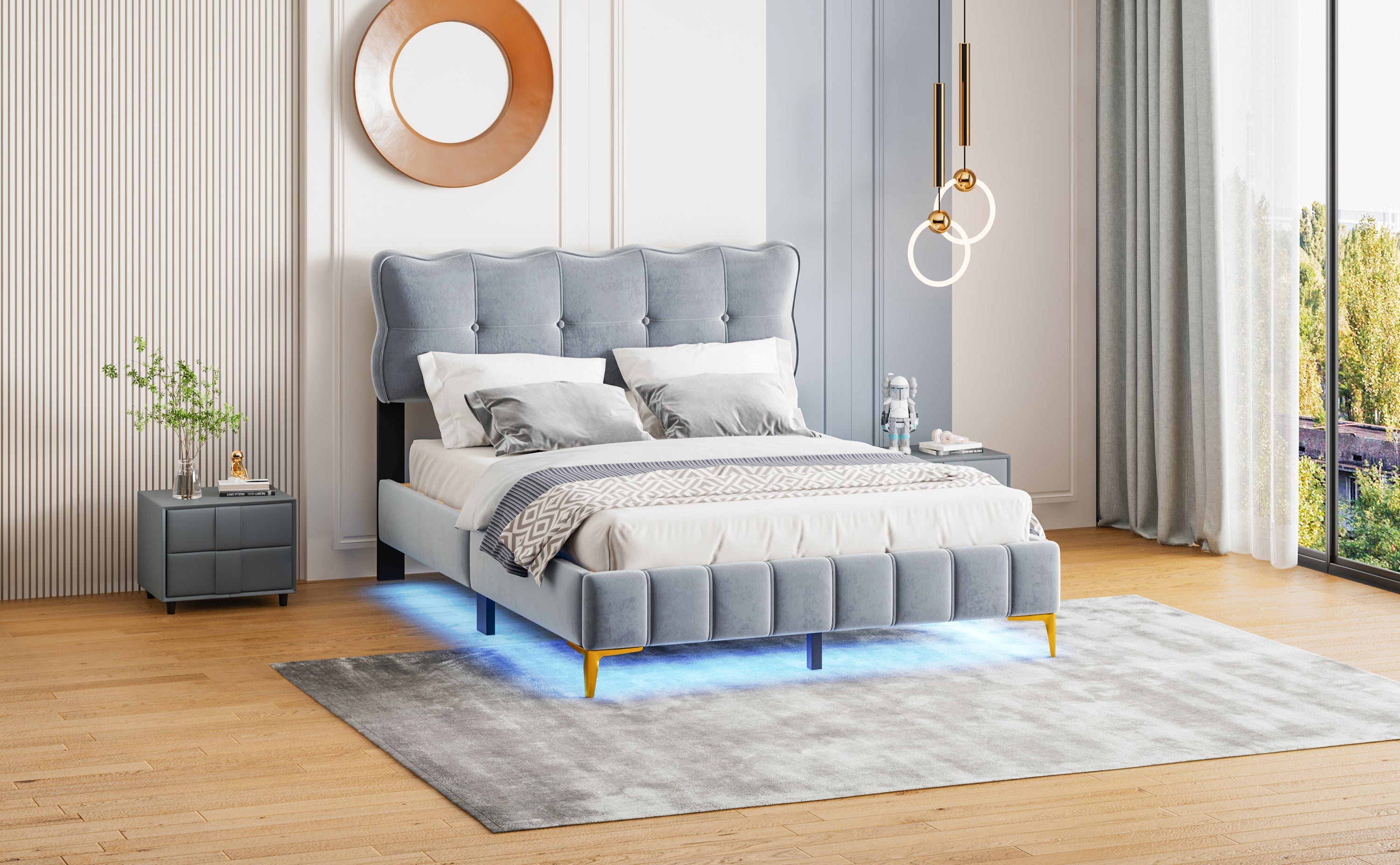 Logidon upholstered bed 140 x 200 cm gray velvet with LED lights