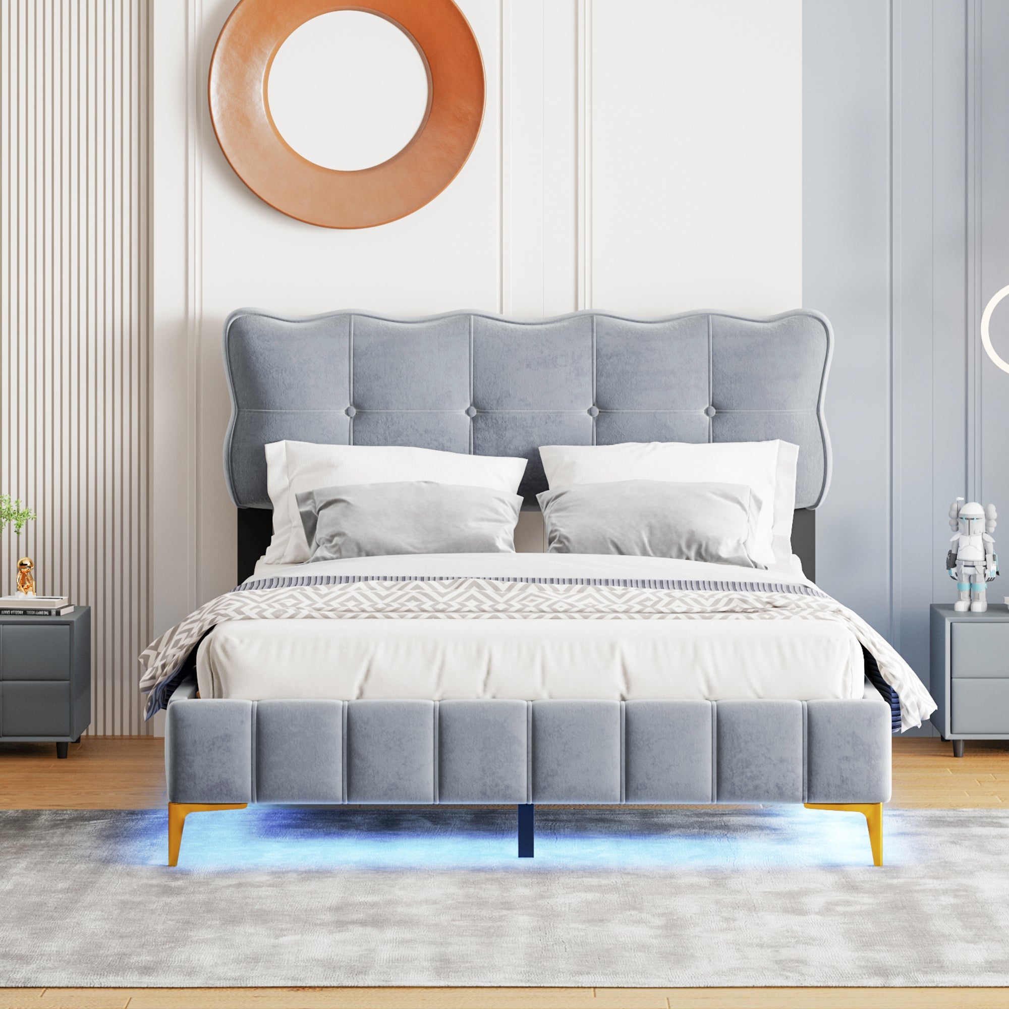 Logidon upholstered bed 140 x 200 cm gray velvet with LED lights