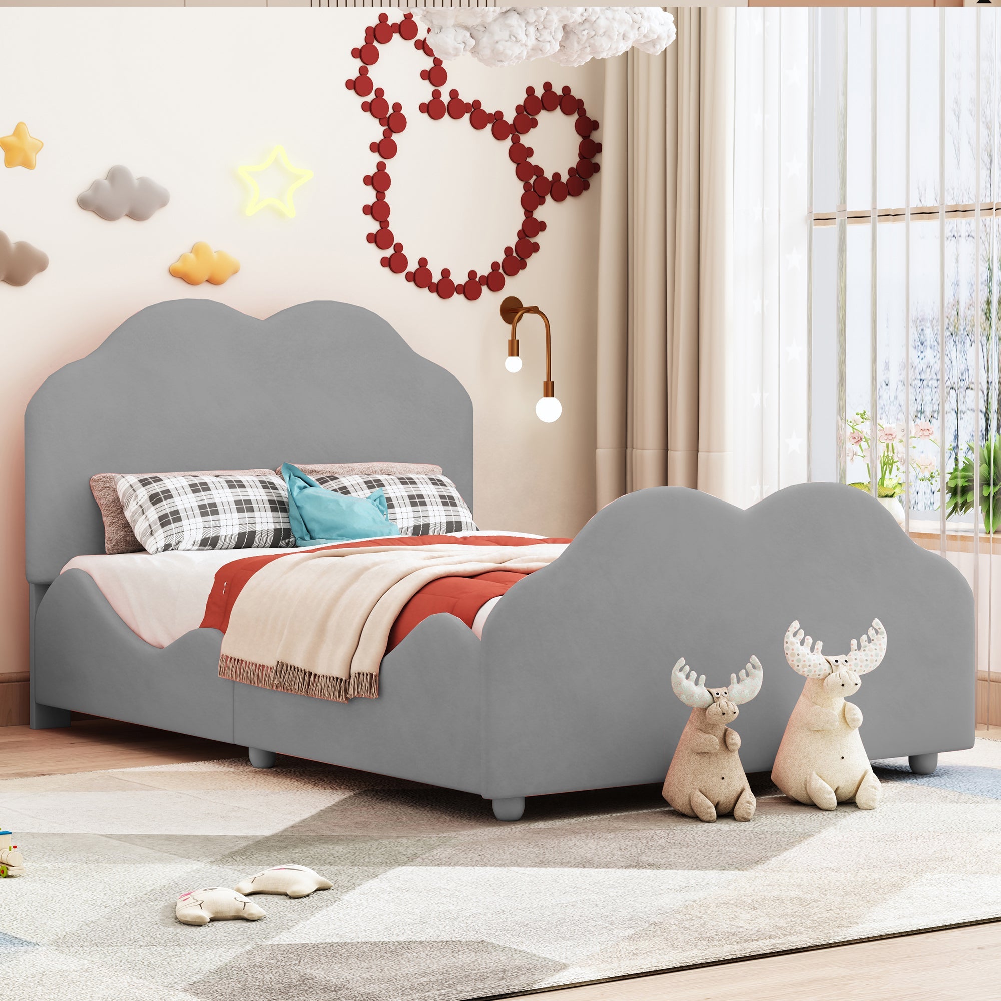 Logidon gestoffeerd bed 90x200 cm met wolkenhoofdbord en voeteinde grijs fluweel