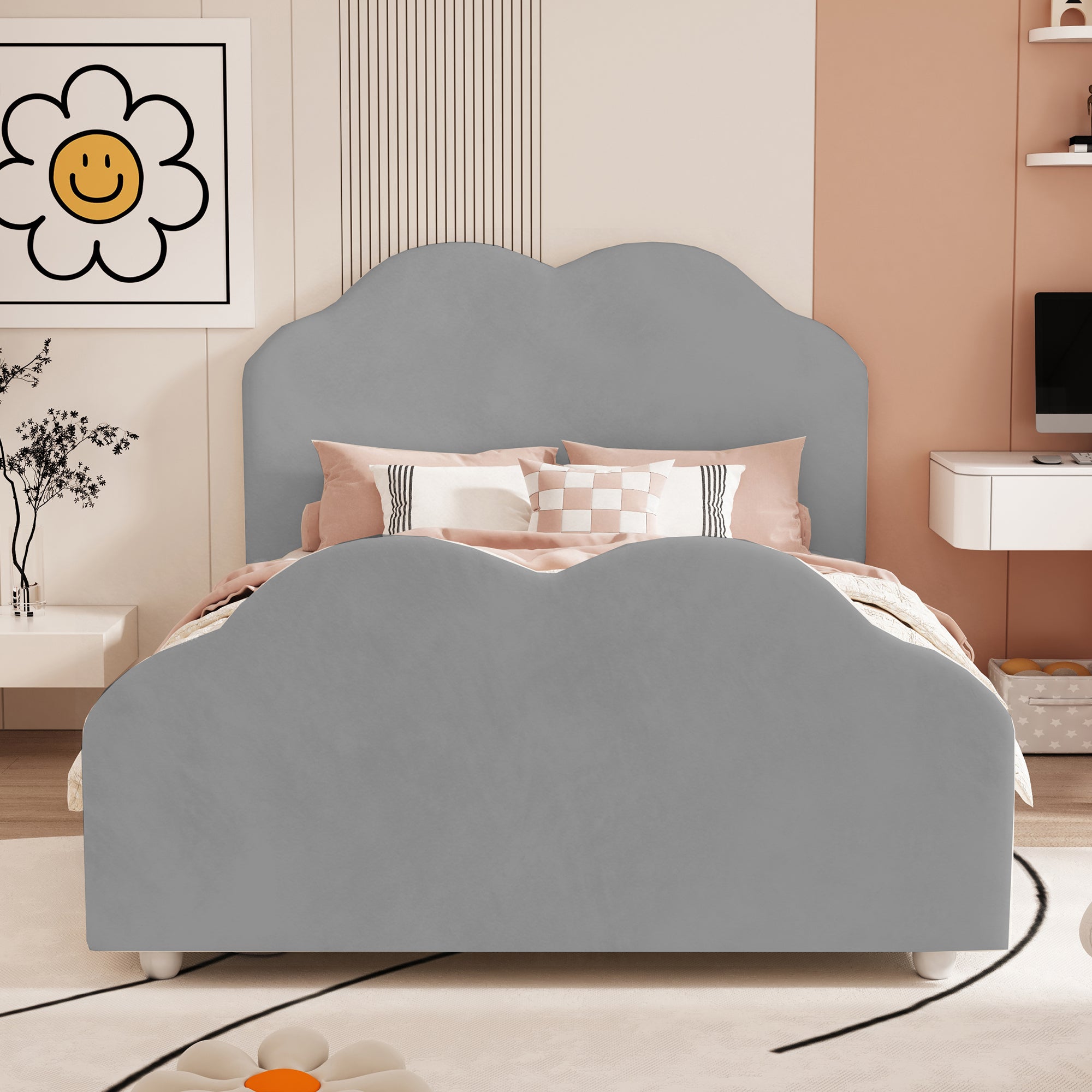 Logidon gestoffeerd bed 90x200 cm met wolkenhoofdbord en voeteinde grijs fluweel