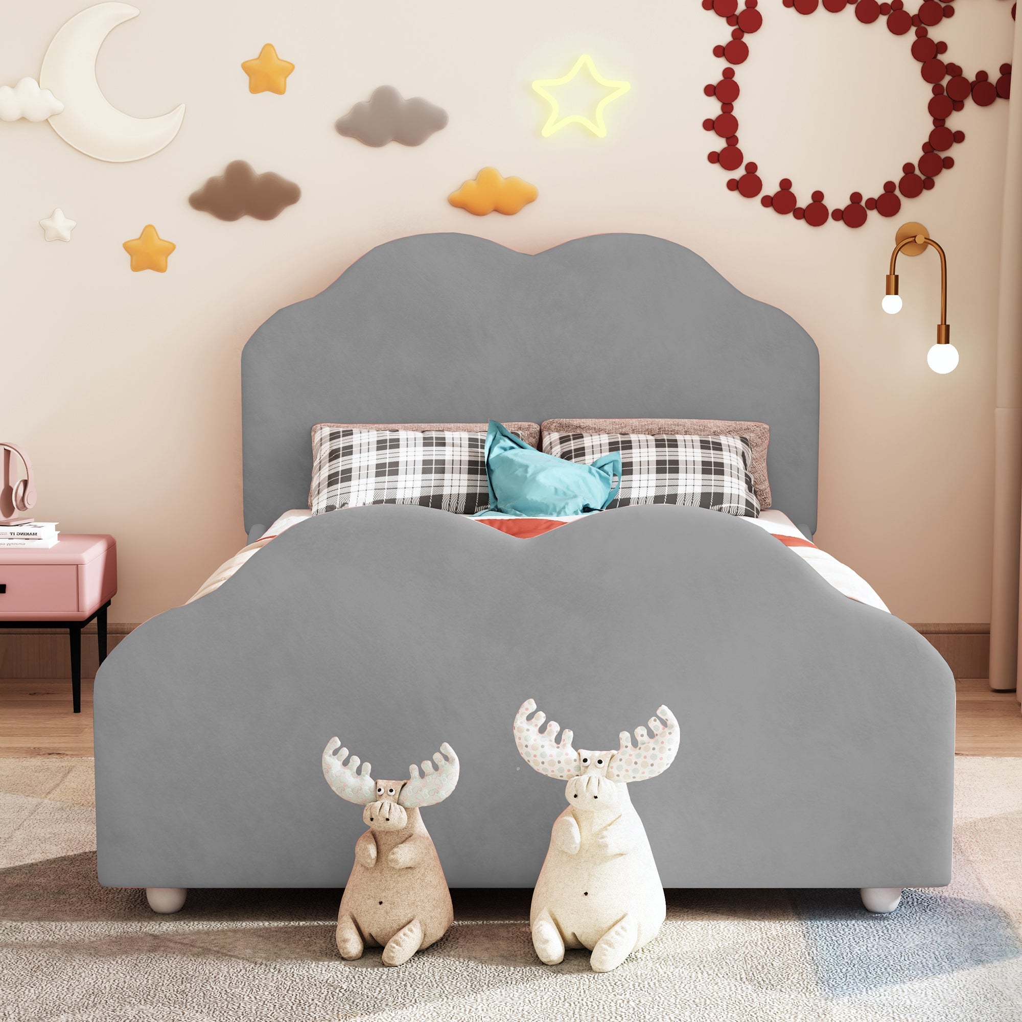 Logidon gestoffeerd bed 90x200 cm met wolkenhoofdbord en voeteinde grijs fluweel