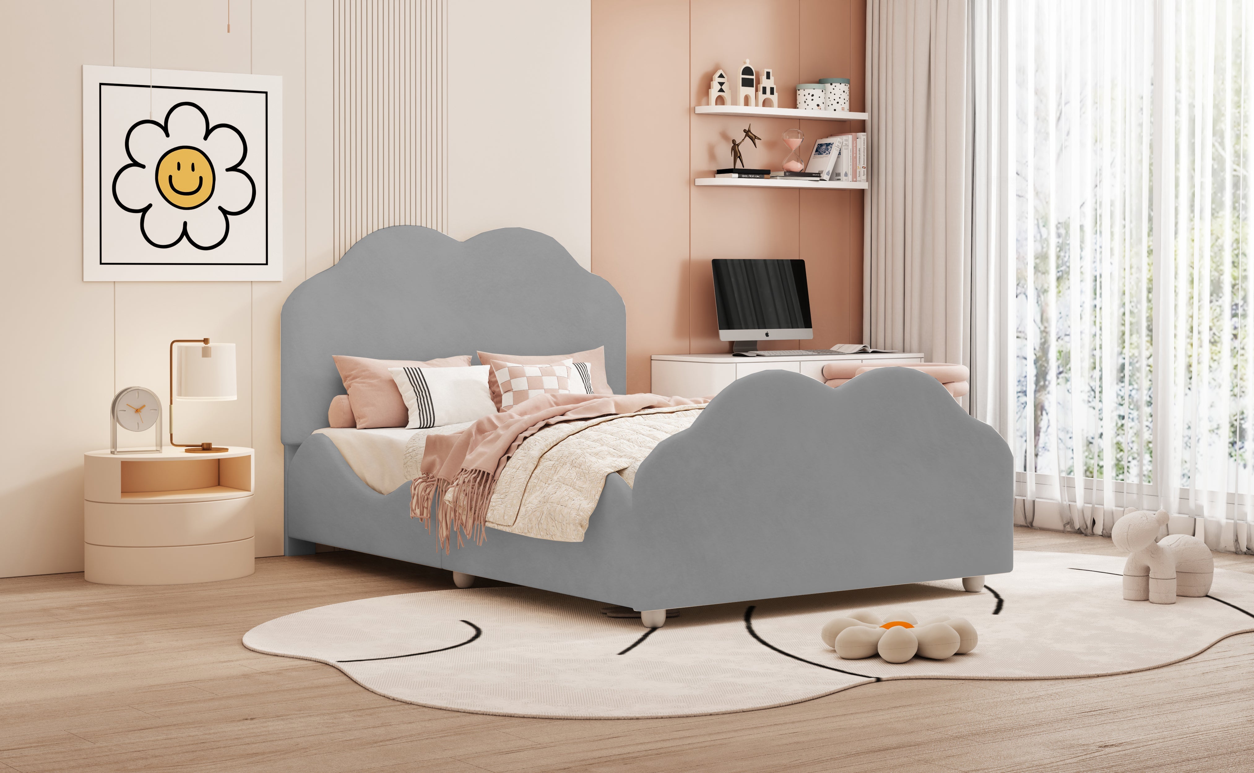 Logidon gestoffeerd bed 90x200 cm met wolkenhoofdbord en voeteinde grijs fluweel