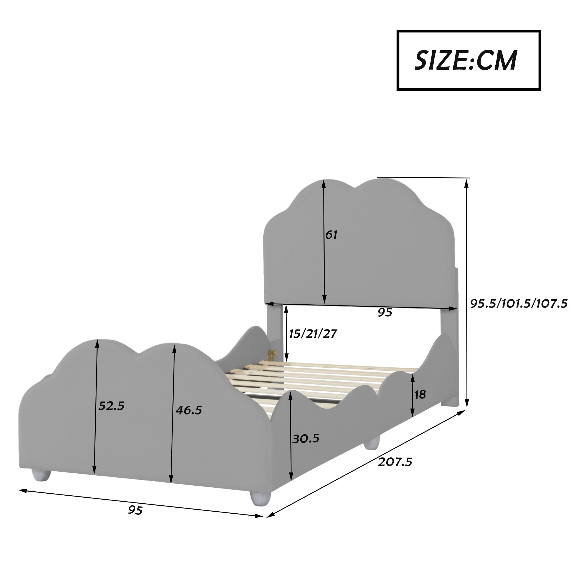 Logidon gestoffeerd bed 90x200 cm met wolkenhoofdbord en voeteinde grijs fluweel