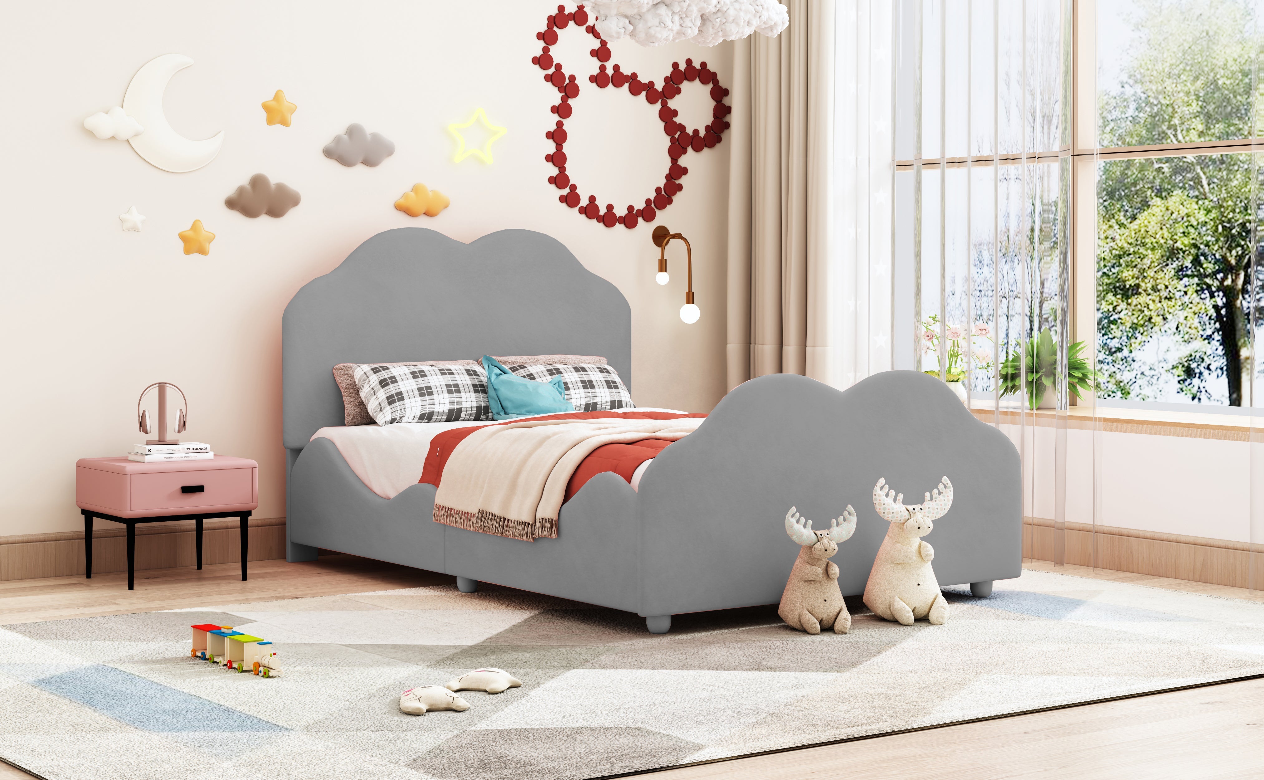 Logidon gestoffeerd bed 90x200 cm met wolkenhoofdbord en voeteinde grijs fluweel