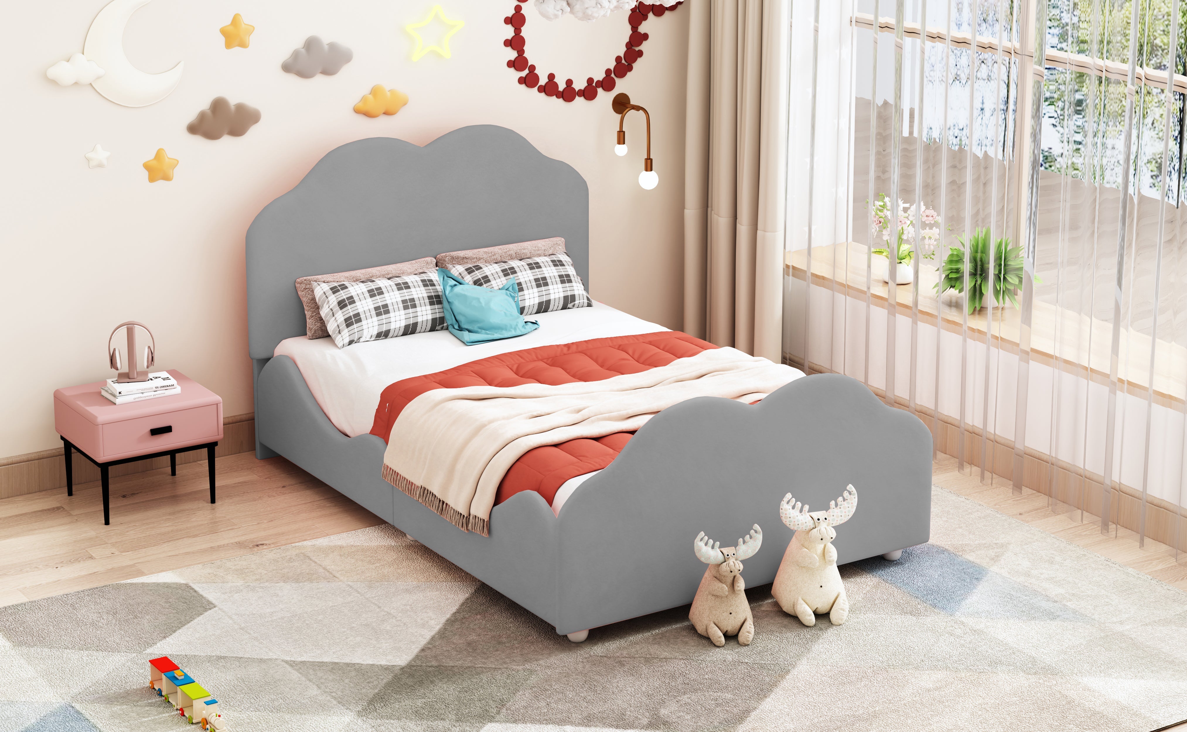 Logidon gestoffeerd bed 90x200 cm met wolkenhoofdbord en voeteinde grijs fluweel