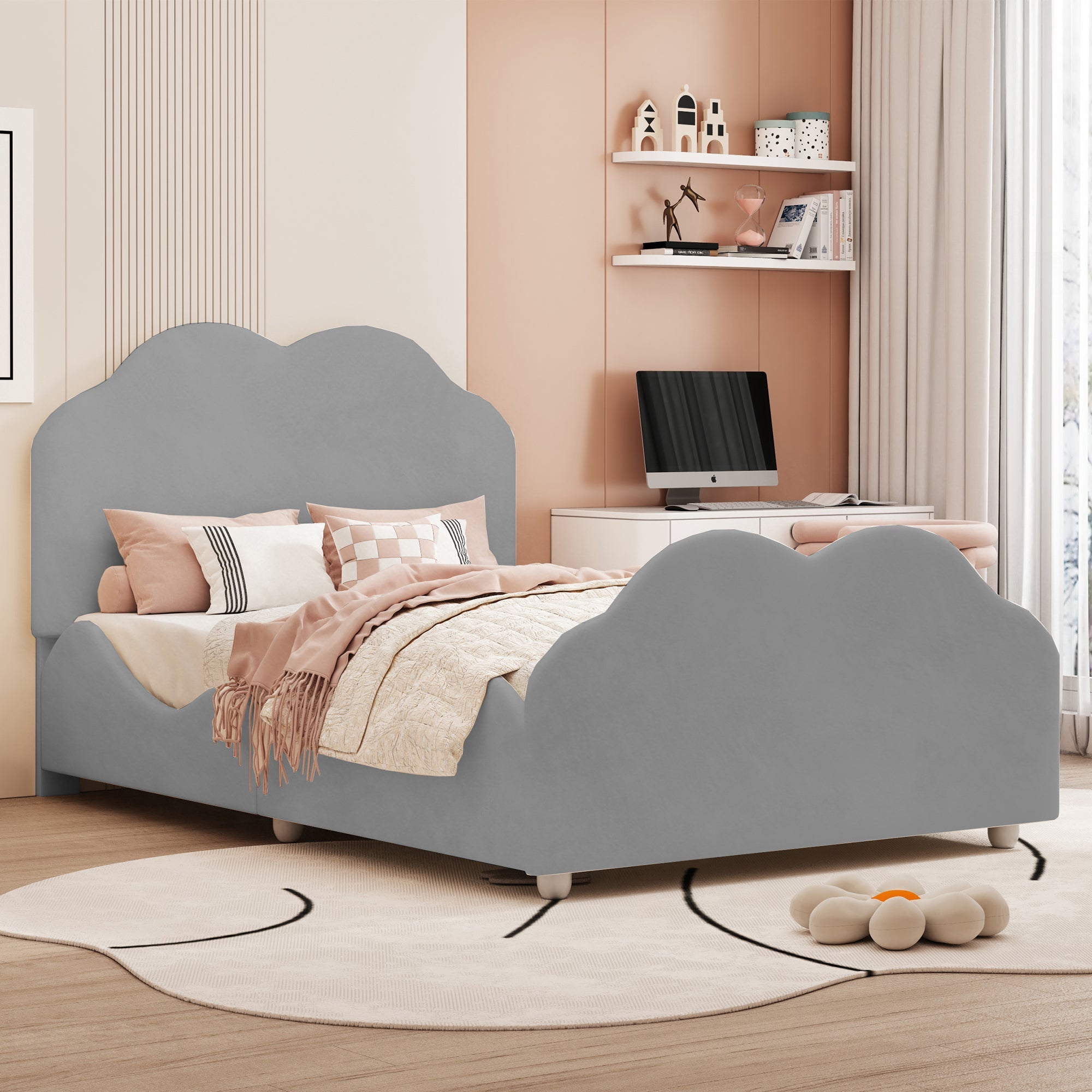 Logidon gestoffeerd bed 90x200 cm met wolkenhoofdbord en voeteinde grijs fluweel