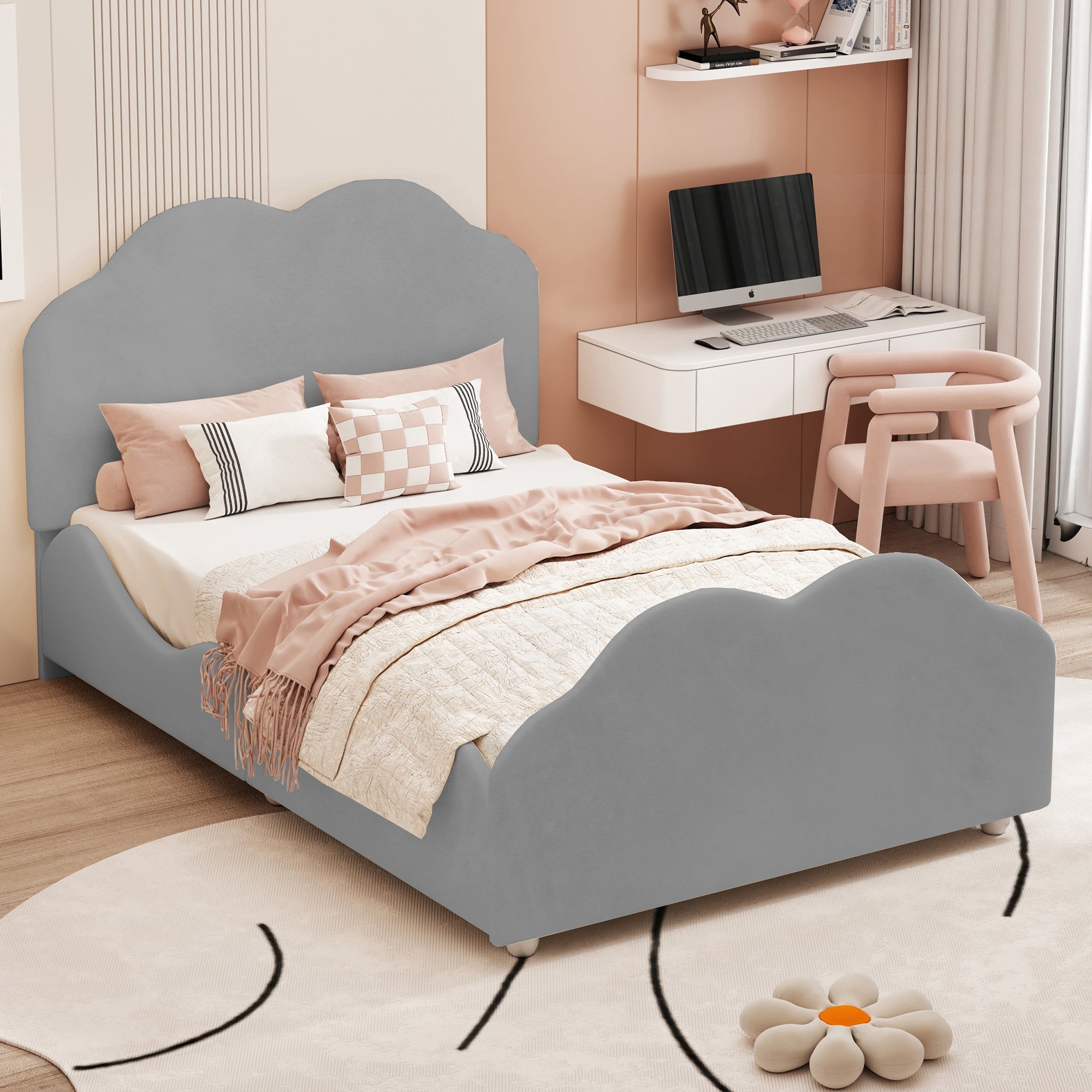 Logidon gestoffeerd bed 90x200 cm met wolkenhoofdbord en voeteinde grijs fluweel
