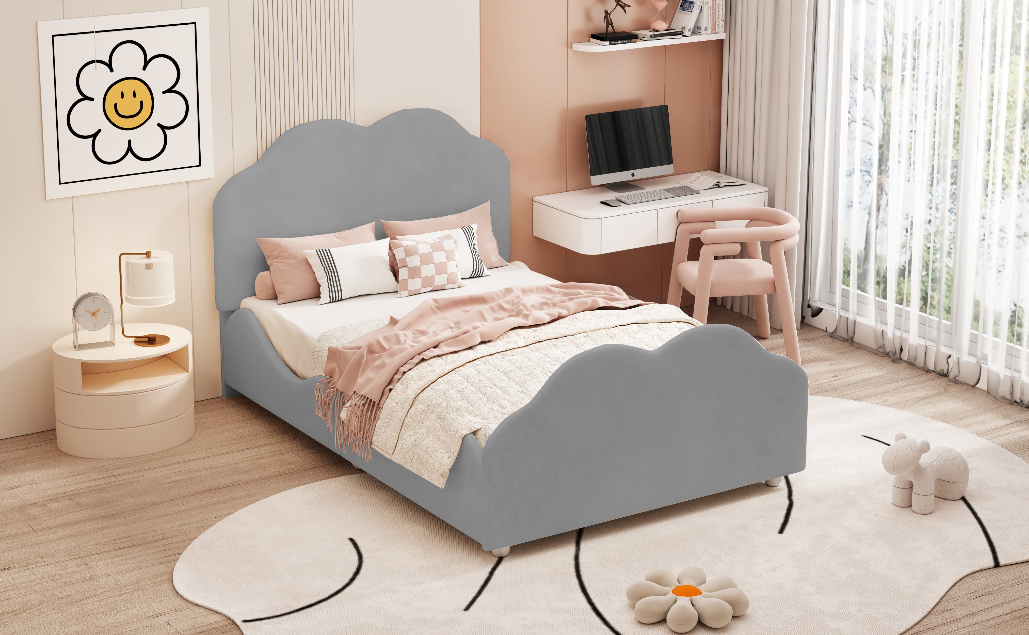 Logidon gestoffeerd bed 90x200 cm met wolkenhoofdbord en voeteinde grijs fluweel