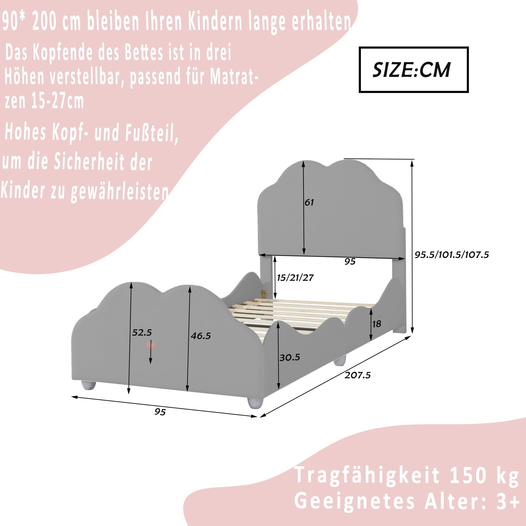Logidon gestoffeerd bed 90x200 cm met wolkenhoofdbord en voeteinde grijs fluweel