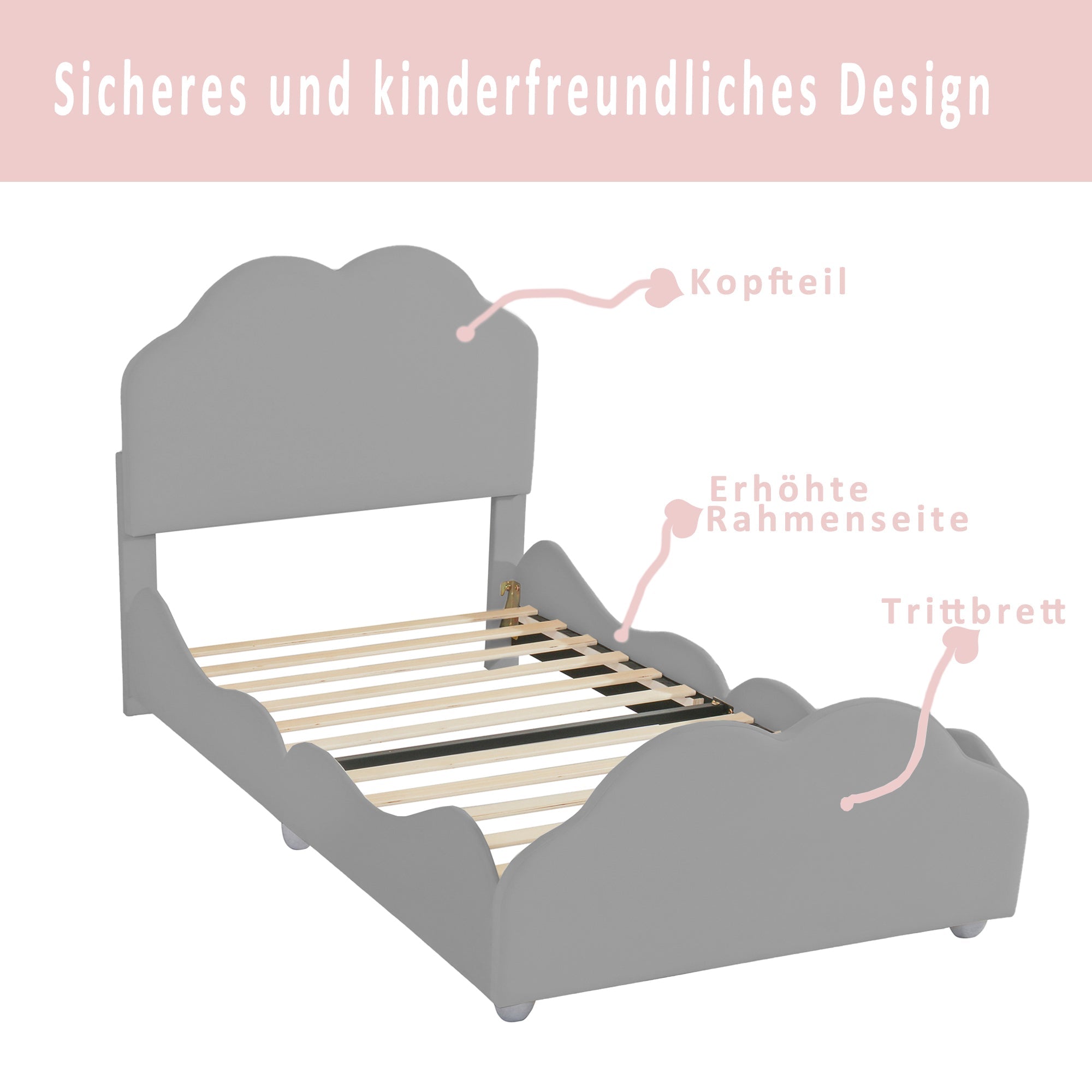 Logidon gestoffeerd bed 90x200 cm met wolkenhoofdbord en voeteinde grijs fluweel