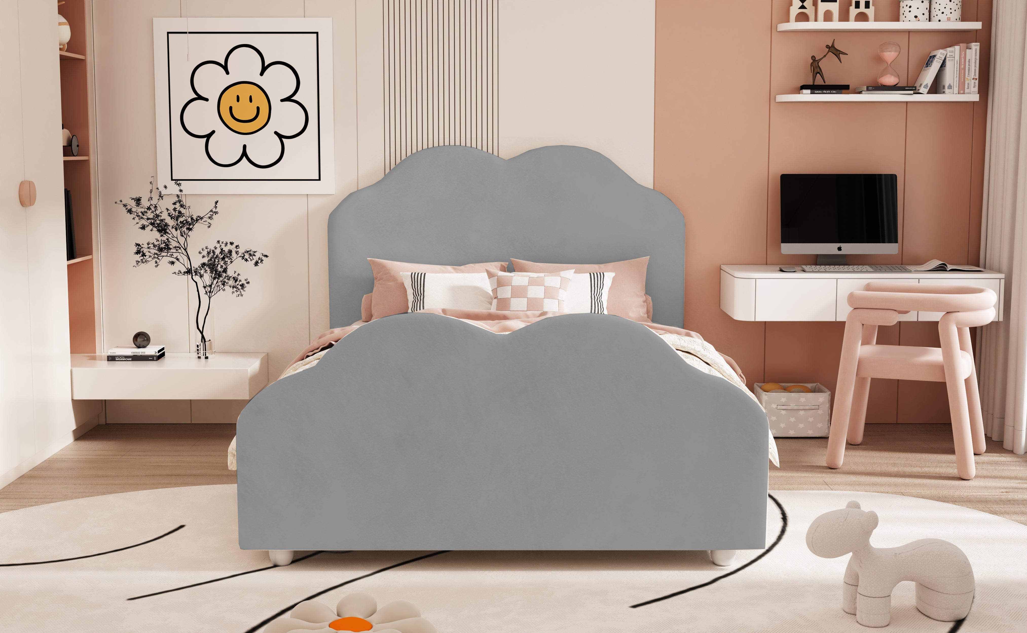 Logidon gestoffeerd bed 90x200 cm met wolkenhoofdbord en voeteinde grijs fluweel