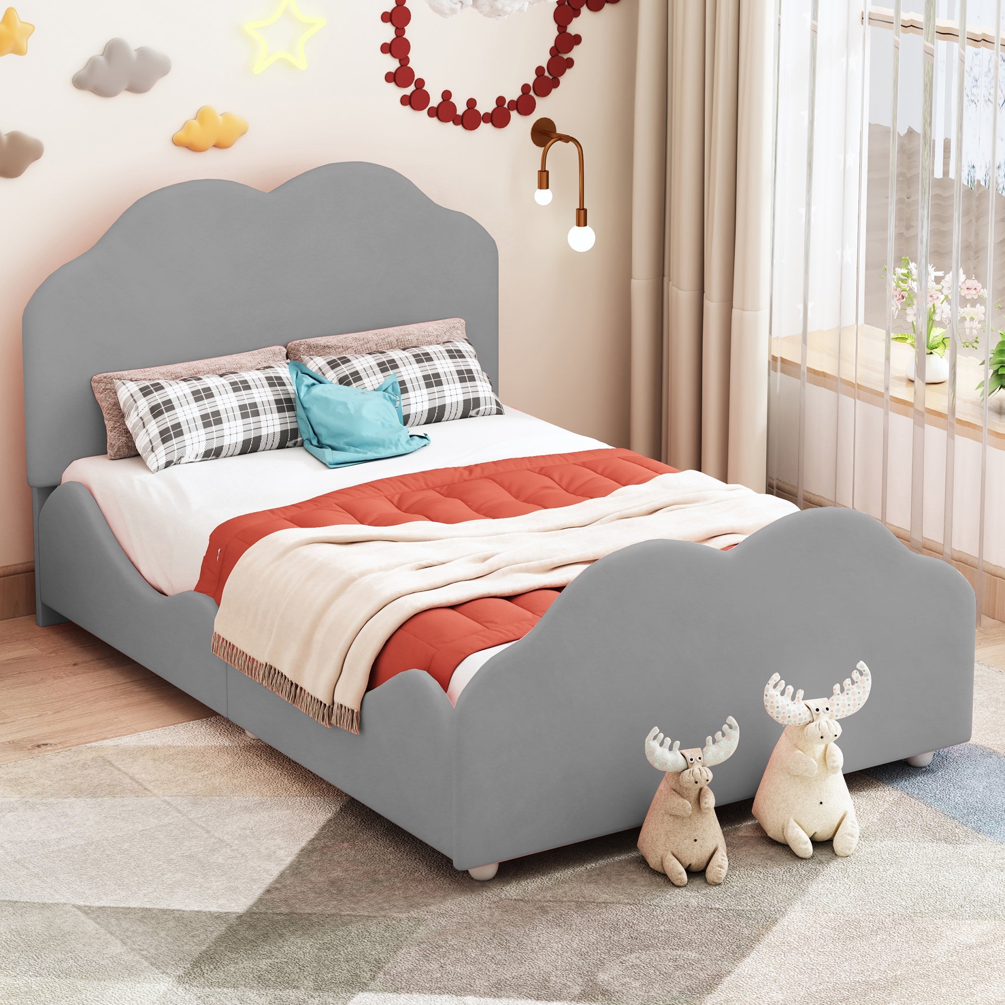 Logidon gestoffeerd bed 90x200 cm met wolkenhoofdbord en voeteinde grijs fluweel
