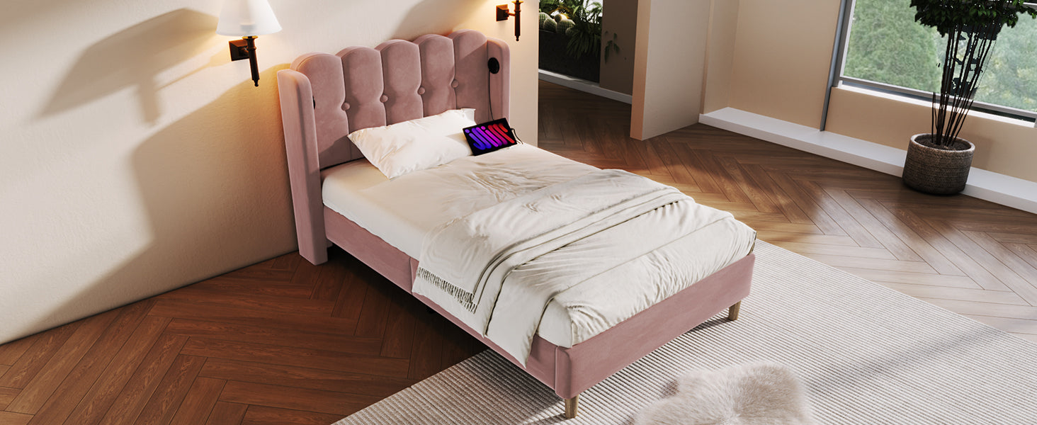 Logidon gestoffeerd bed roze 90x200 cm met USB Type C oplaadfunctie