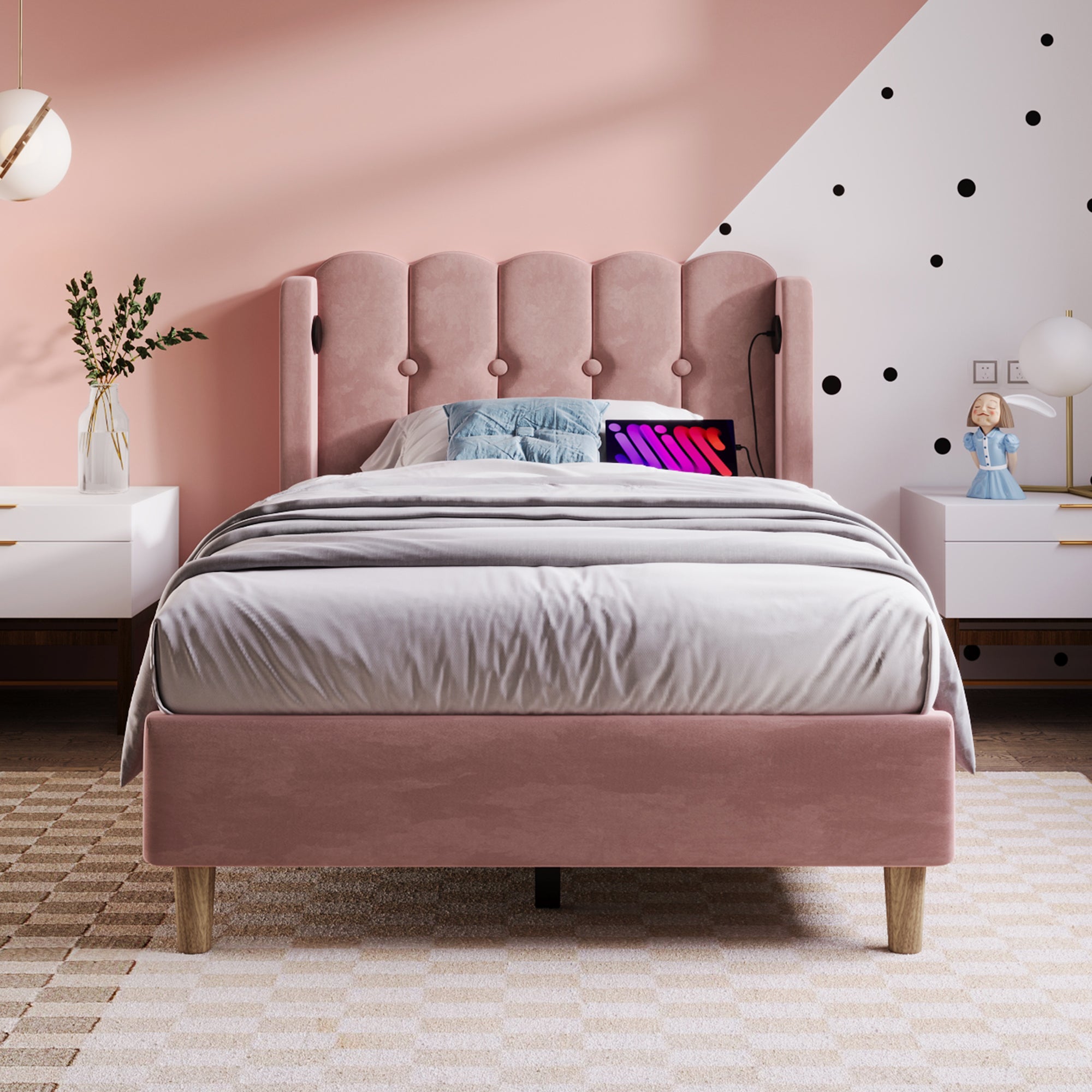 Logidon gestoffeerd bed roze 90x200 cm met USB Type C oplaadfunctie