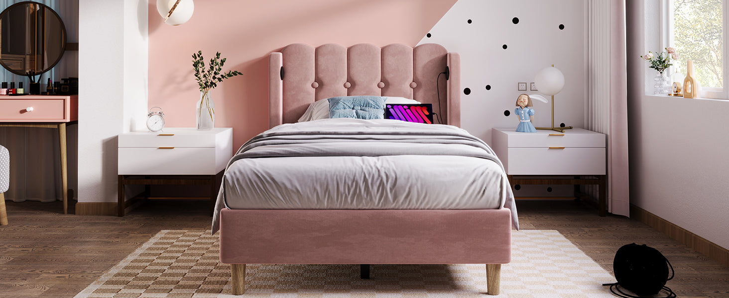 Logidon gestoffeerd bed roze 90x200 cm met USB Type C oplaadfunctie