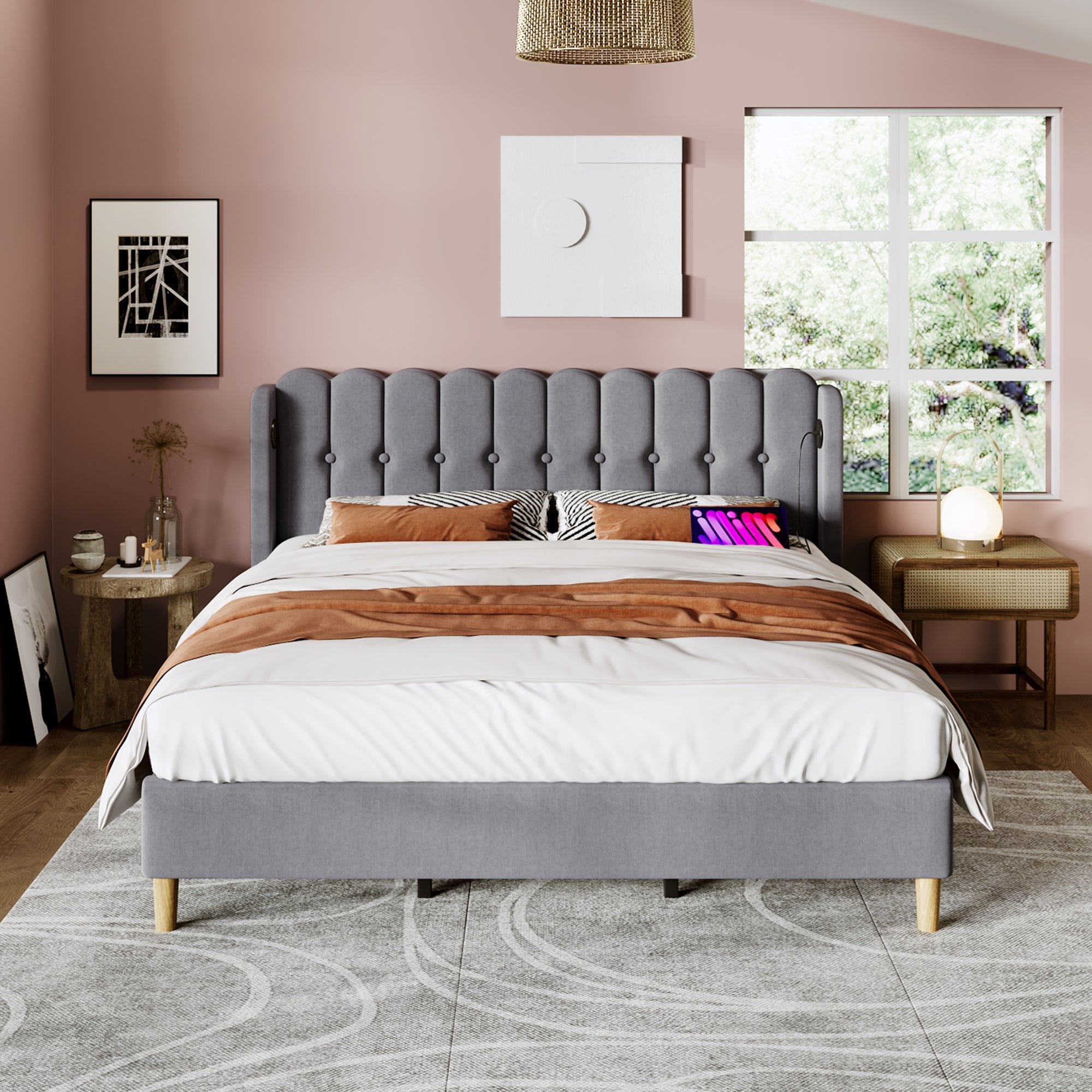 Logidon gestoffeerd bed 180x200 grijs met USB Type C oplaadfunctie