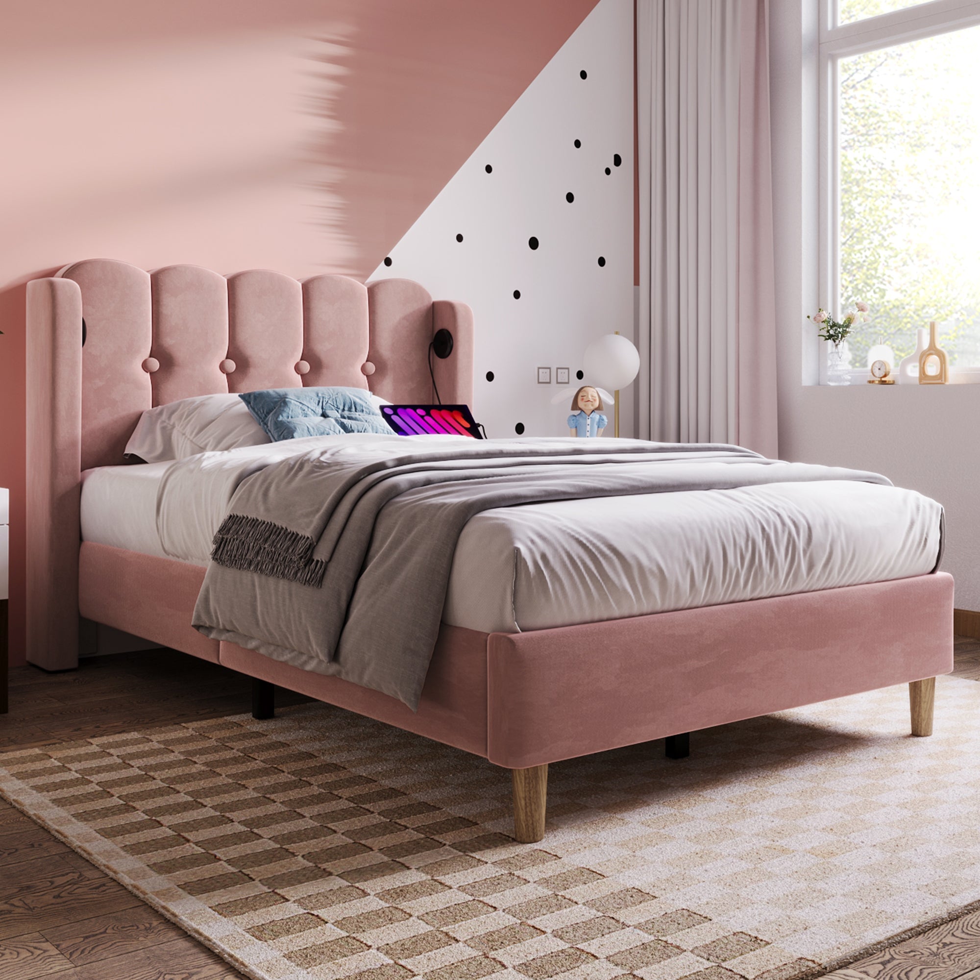 Logidon Gestoffeerd Bed Eenpersoonsbed Roze 90x200 met USB Type C oplaadfunctie
