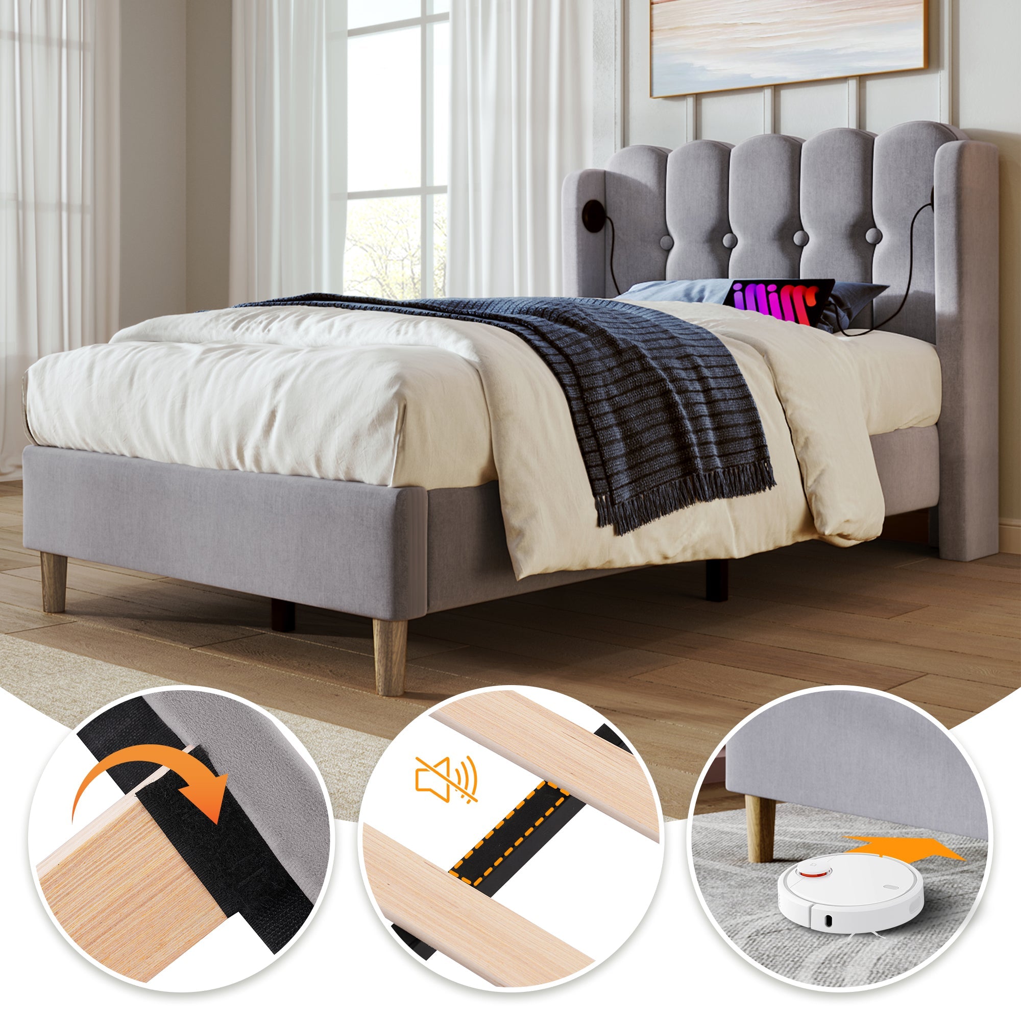 Logidon gestoffeerd bed 90x200 grijs met USB Type C oplaadfunctie lattenbodem