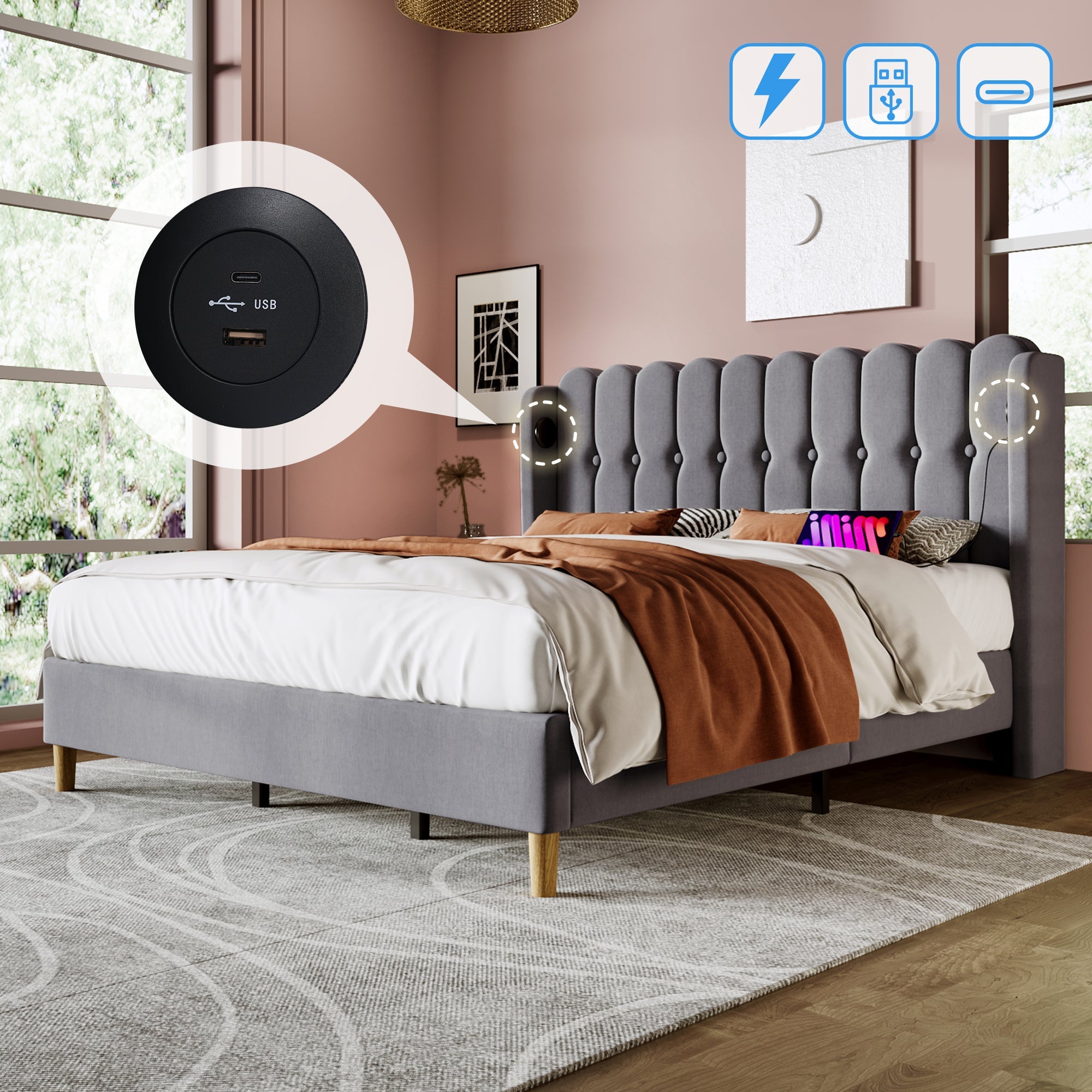 Logidon upholstered bed double bed gray 160x200 with USB Type C charging function